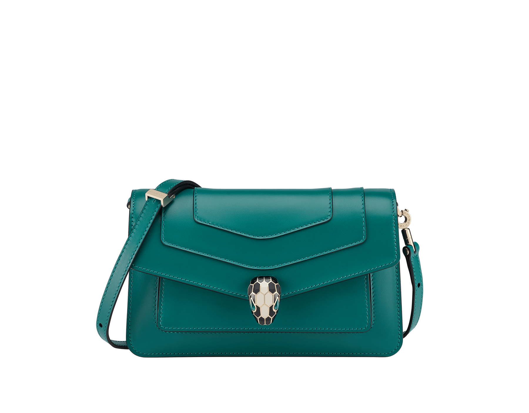 Serpenti Forever East-West small shoulder bag in black calf leather with emerald green gros grain lining. Captivating snakehead magnetic closure in light gold-plated brass embellished with black and white agate enamel scales, and green malachite eyes. 1237-CLa image 1
