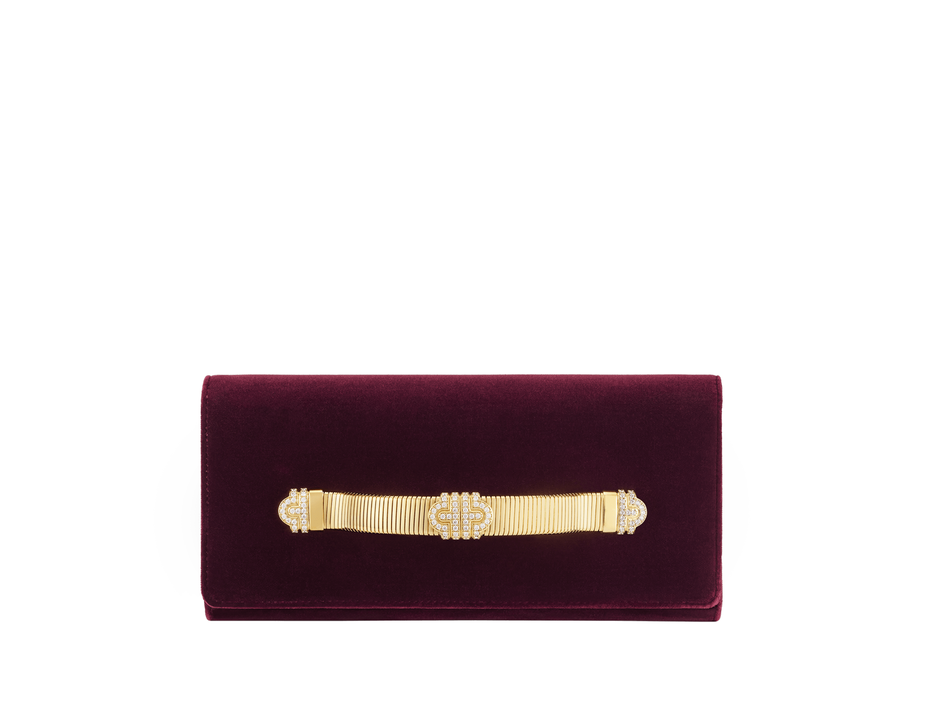 Pochette de soirée Bvlgari Tubogas en velours prune nuit avec doublure en cuir nappa de la même couleur. Poignée Tubogas emblématique en laiton doré ornée de zircones et d’un fermoir magnétique. 295712 image 1