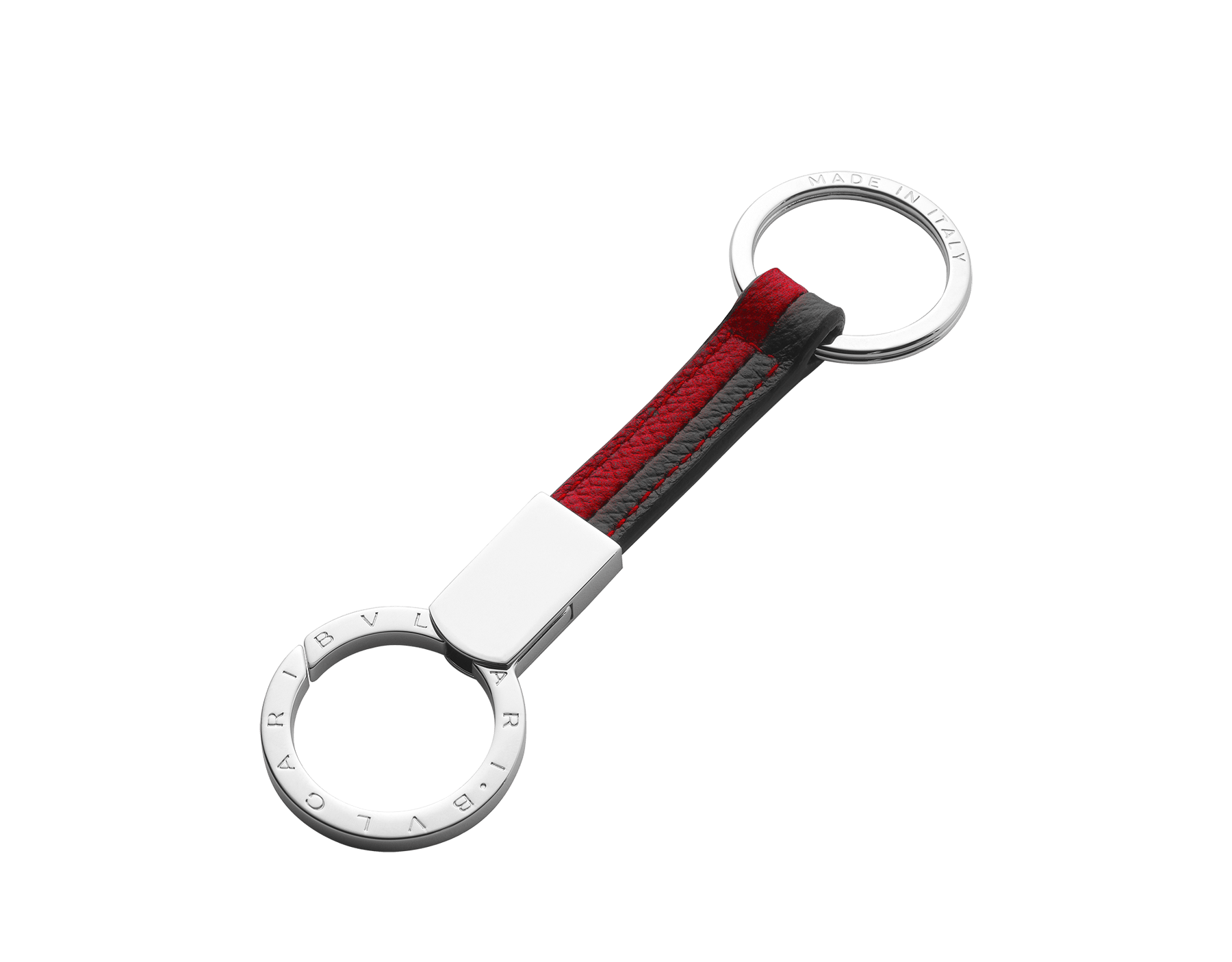"BVLGARI BVLGARI" men's keyring in Deep Garnet bordeaux and Ivory Opal white grain calf leather. Complete with two palladium-plated brass rings with the iconic logo. BBM-KEYHOLD-STRAPb image 1