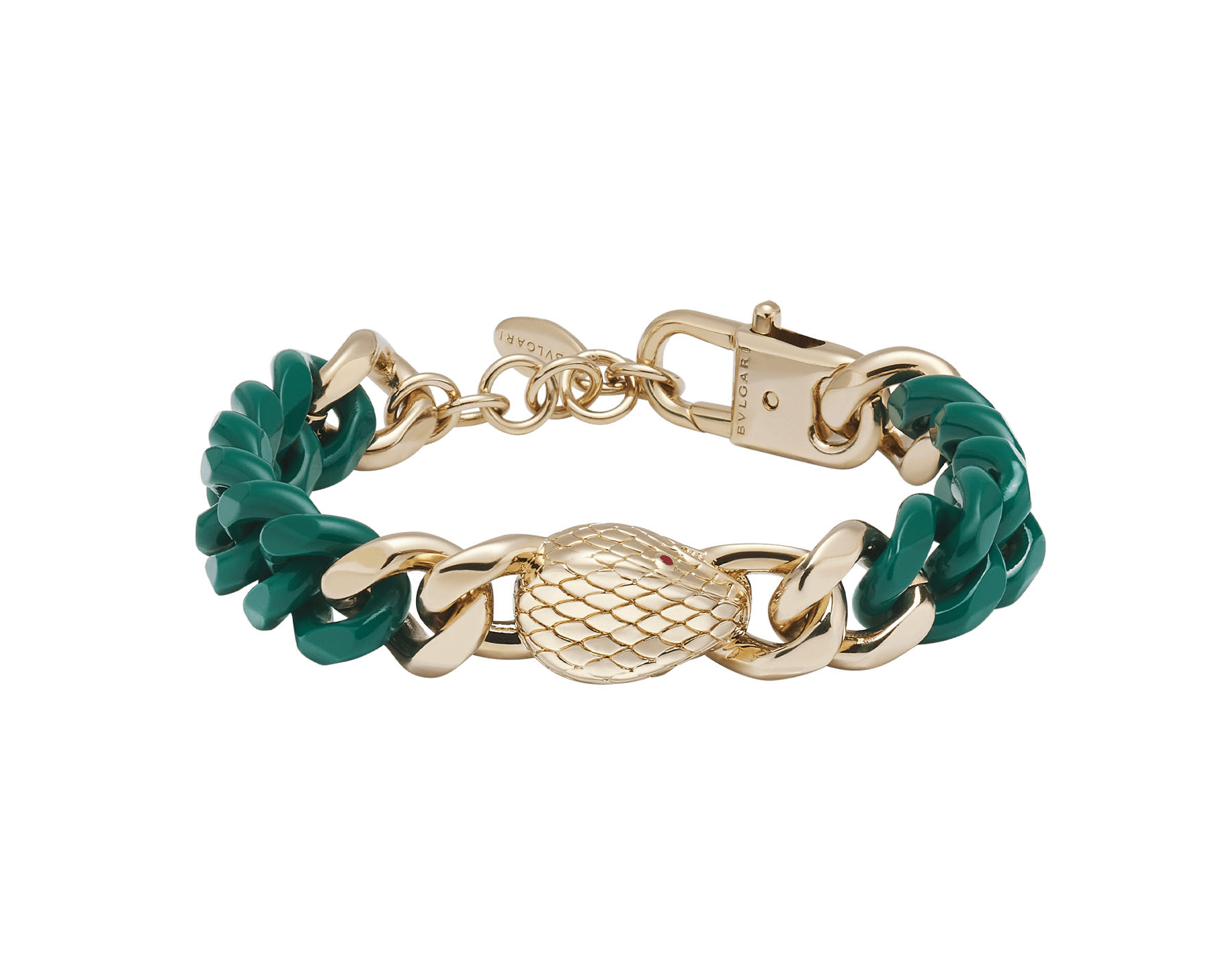Serpenti Forever Maxi Chain bracelet in light gold-plated brass, with partial emerald green enamel. Captivating snakehead embellishment with red enamel eyes in the middle, and adjustable closure. SERP-CHUNKYCHAINb image 1