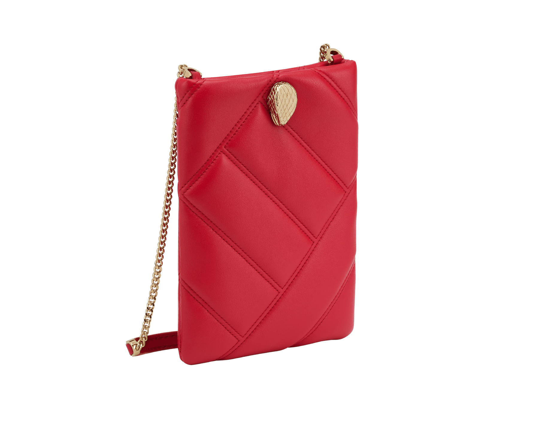 Serpenti Cabochon smart hybrid case in soft, black calf leather with maxi matelassé pattern and black nappa leather interior. Captivating, magnetic snakehead closure in gold-plated brass with red enamel eyes. SCB-HYBRID image 1