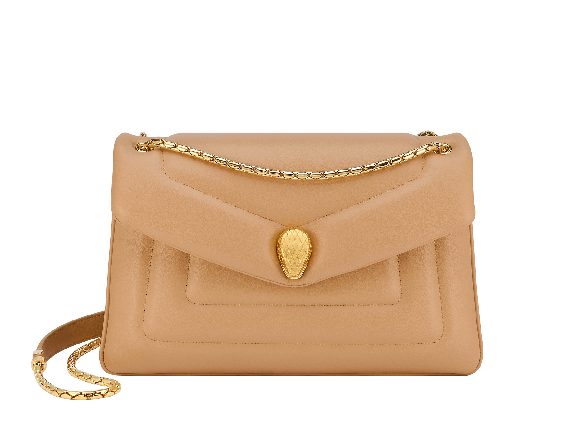 Serpenti Reverse medium shoulder bag in Sahara amber light brown quilted Metropolitan calf leather with taffy quartz pink nappa leather lining. Captivating snakehead magnetic closure in gold-plated brass embellished with red enamel eyes. 1223-MCL image 1
