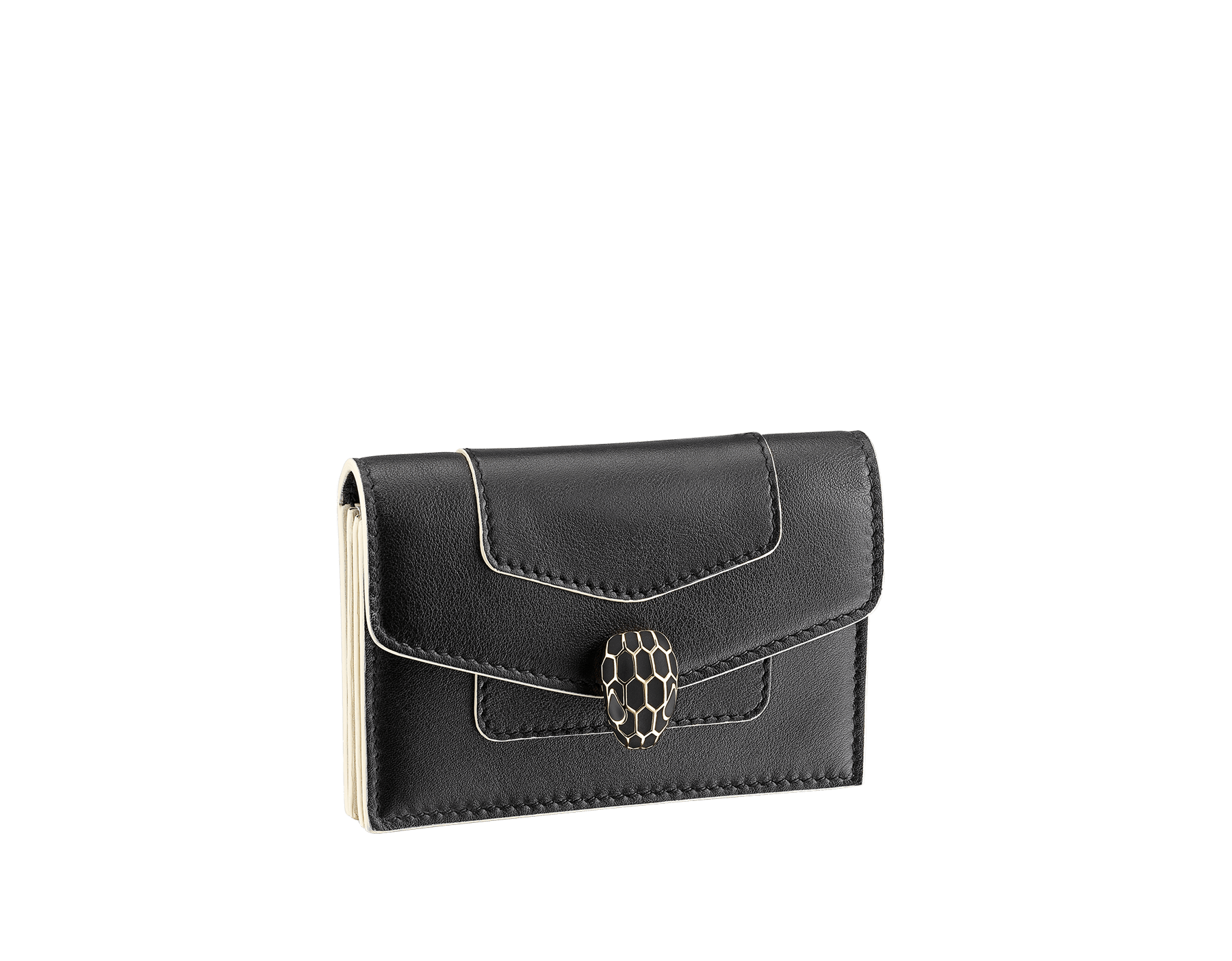 "Serpenti Forever" gusseted card holder in black calf leather. Tempting light gold-plated brass snakehead stud closure, finished with matte black enamel, and black enamel eyes. SEA-CCACCORDEON image 1