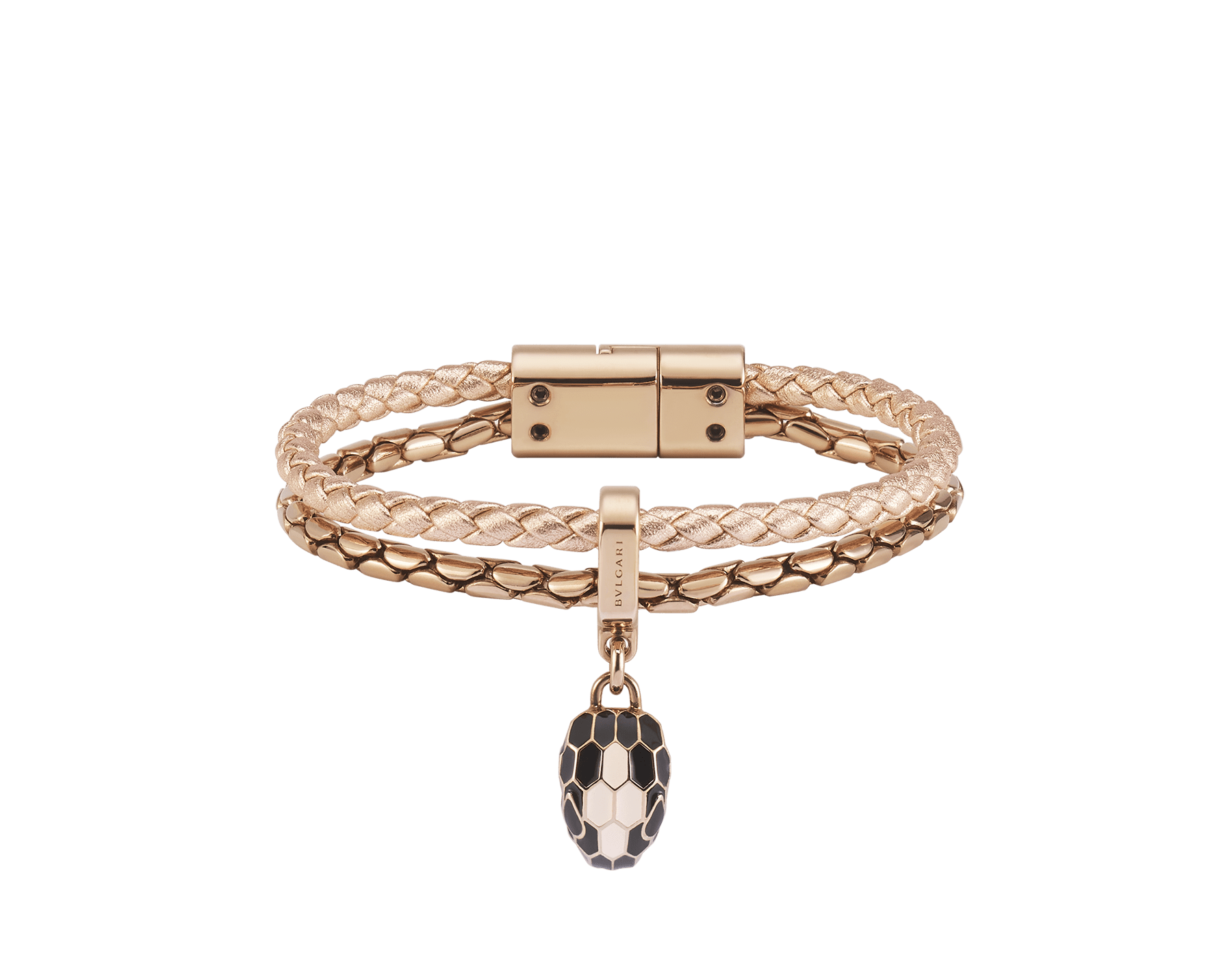 Serpenti Forever bracelet in rose gold braided calf leather and light rose gold-plated brass chain with magnetic clasp closure. Captivating snakehead charm with black and white agate enamel scales and black enamel eyes. SERP-BRAIDCHAIN-WCL-RG image 1