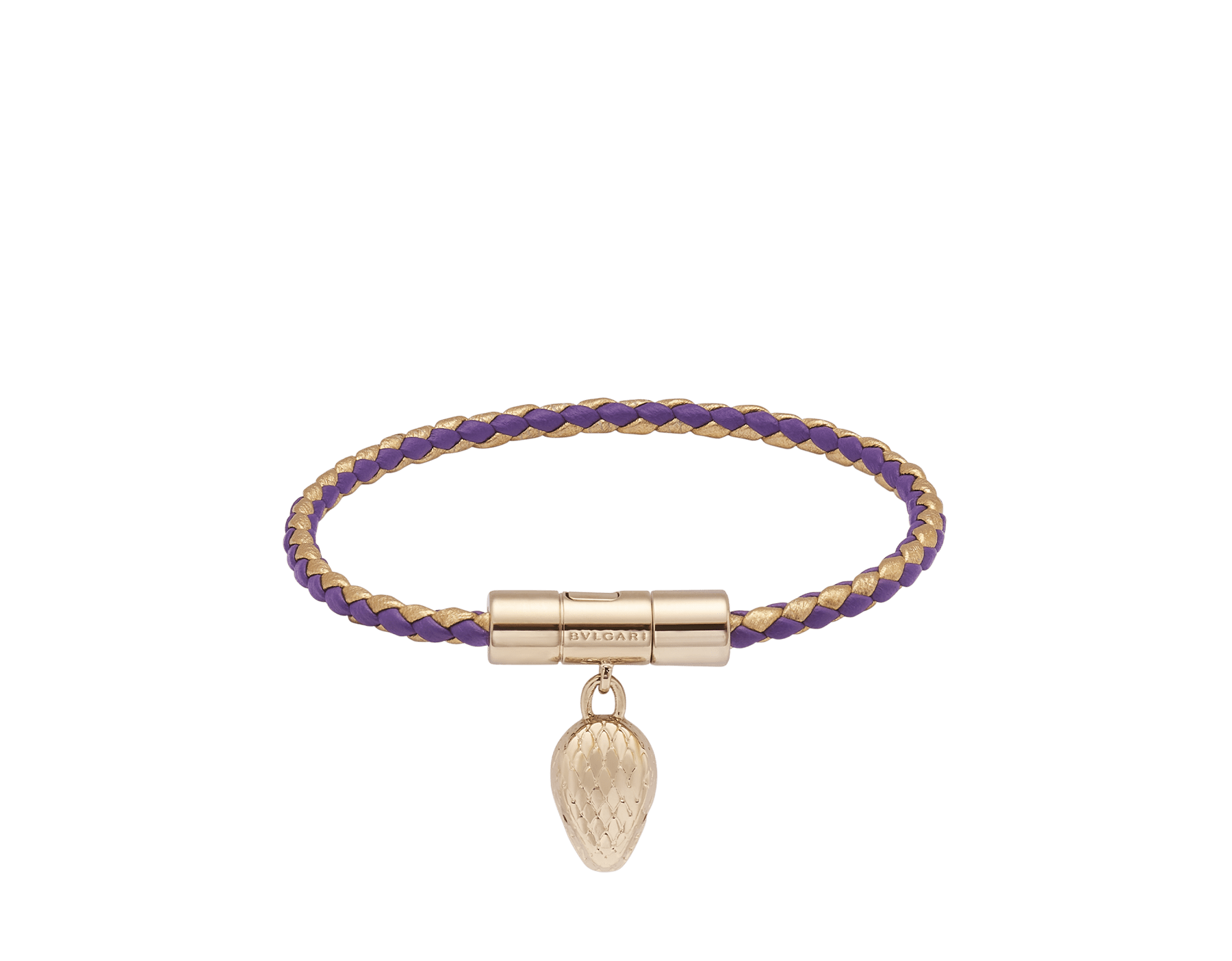 Serpenti Forever bracelet in vivid, dark amethyst purple and gold braided calf leather. Captivating light gold-plated brass snakehead charm embellished with red enamel eyes, attached to the front clasp. SERPHERBRAID-WCL-VA image 1