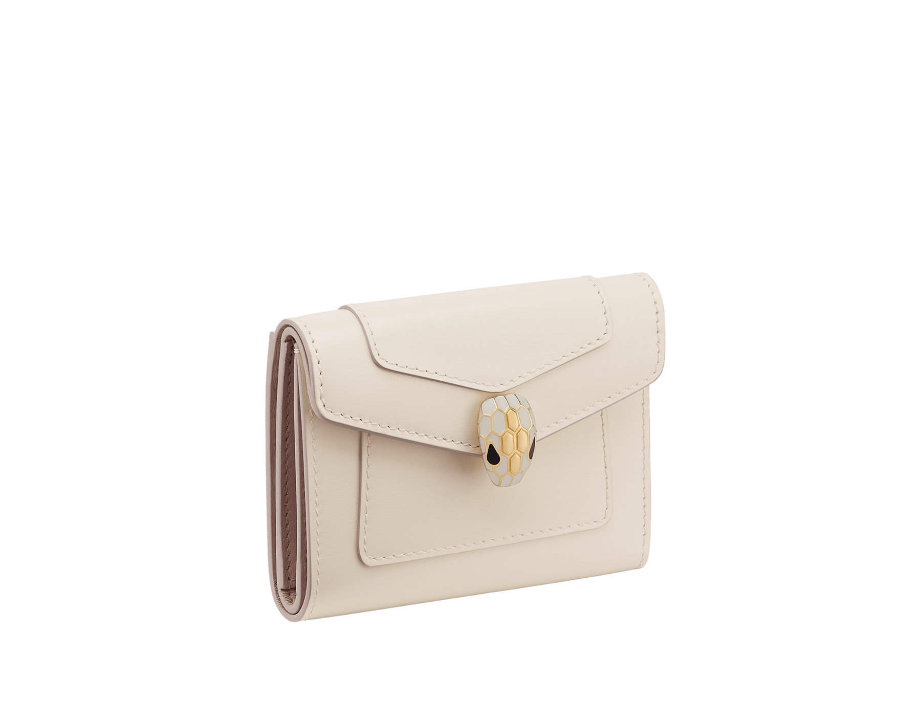 Serpenti Forever chain wallet in light gold Striated calf leather with linen agate nappa leather interior. Captivating snakehead press-button closure in light gold-plated brass embellished with black enamel and light gold-plated brass scales, and black onyx eyes. SEA-SLIM-COMPACT-R image 1