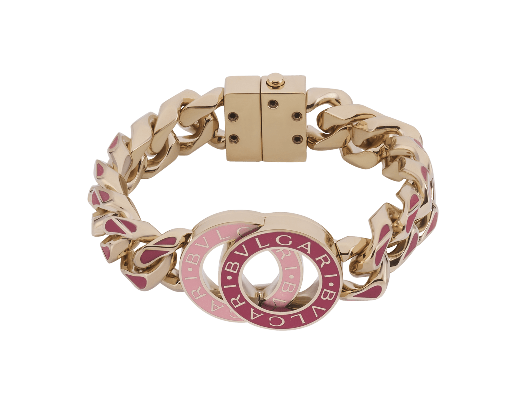 BULGARI BULGARI Maxi Chain bracelet in light gold-plated brass with anemone spinel pinkish red and primrose quartz pink enamel inserts. Iconic embellishment with anemone spinel pinkish red and primrose quartz pink enamel, and clasp closure. CHUNKYBBBRCLT-MC image 1