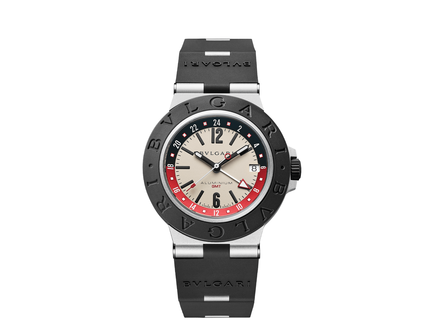 Bvlgari Aluminium GMT watch with mechanical movement, automatic winding, GMT 24h function, 40 mm aluminium case, black rubber bezel with double logo engraving, white dial, SLN indexes and hands, titanium caseback and black rubber bracelet. Water-resistant up to 100 metres 103963 image 1