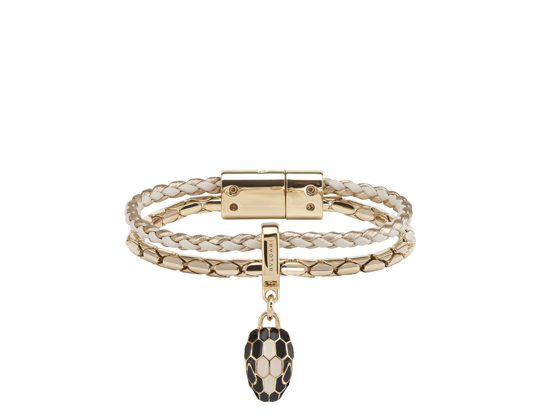 Браслет Serpenti Forever, плетеная кожа теленка цвета белого агата, цепочка в форме змеи из латуни с покрытием из светлого золота, магнитная застежка. Брелок в виде змеиной головы, чешуйки из эмали черного цвета и цвета белого агата, глаза из черной эмали. SERP-BRAIDCHAIN-WCL-WA image 1