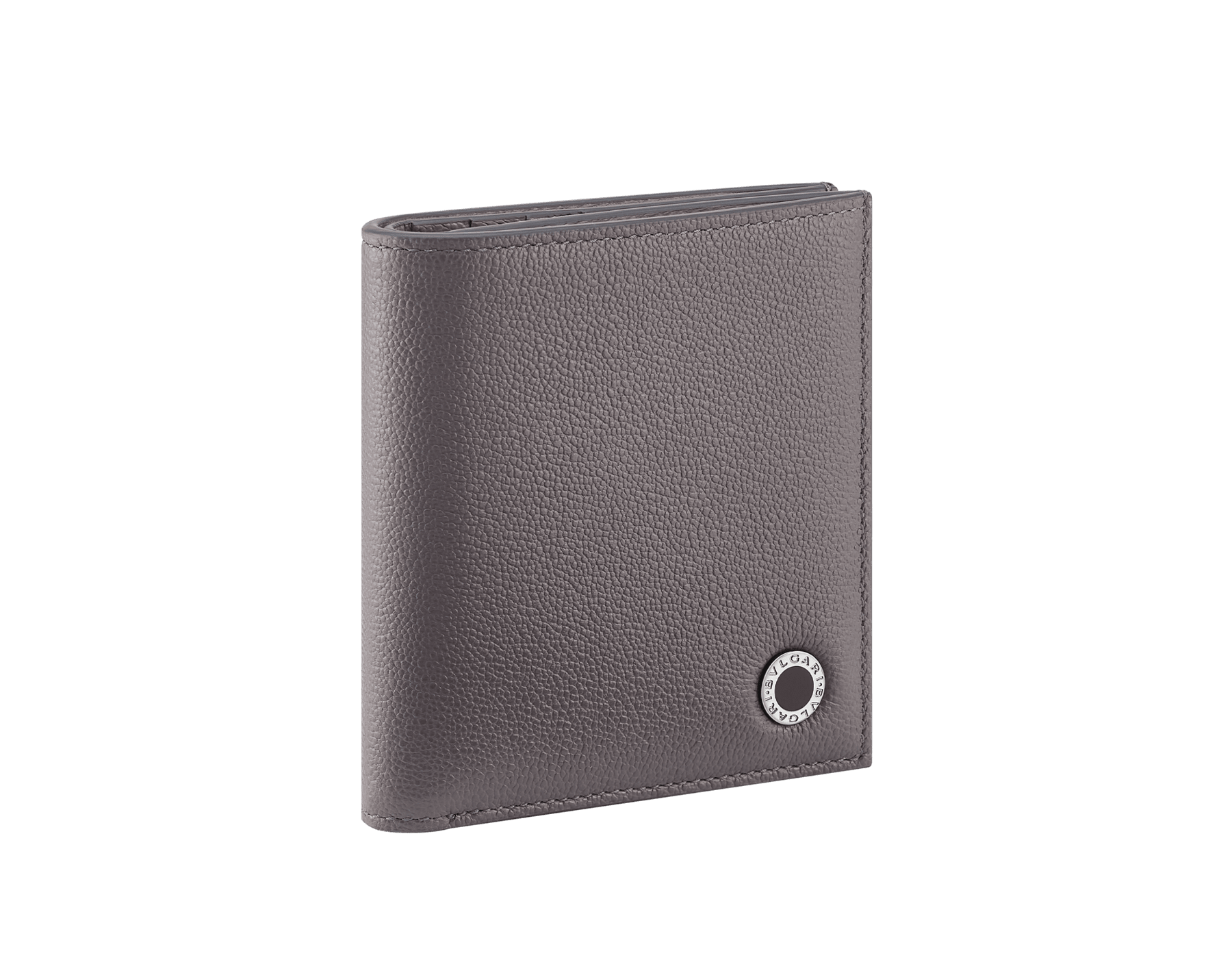 Bvlgari Bvlgari Man small bifold wallet in Urban grained calf leather, dark grey on the outside and foggy opal on the inside. Iconic dark ruthenium-plated brass embellishment with dark grey enamel, and folded closure. BBM-BIFOLDSASYM image 1
