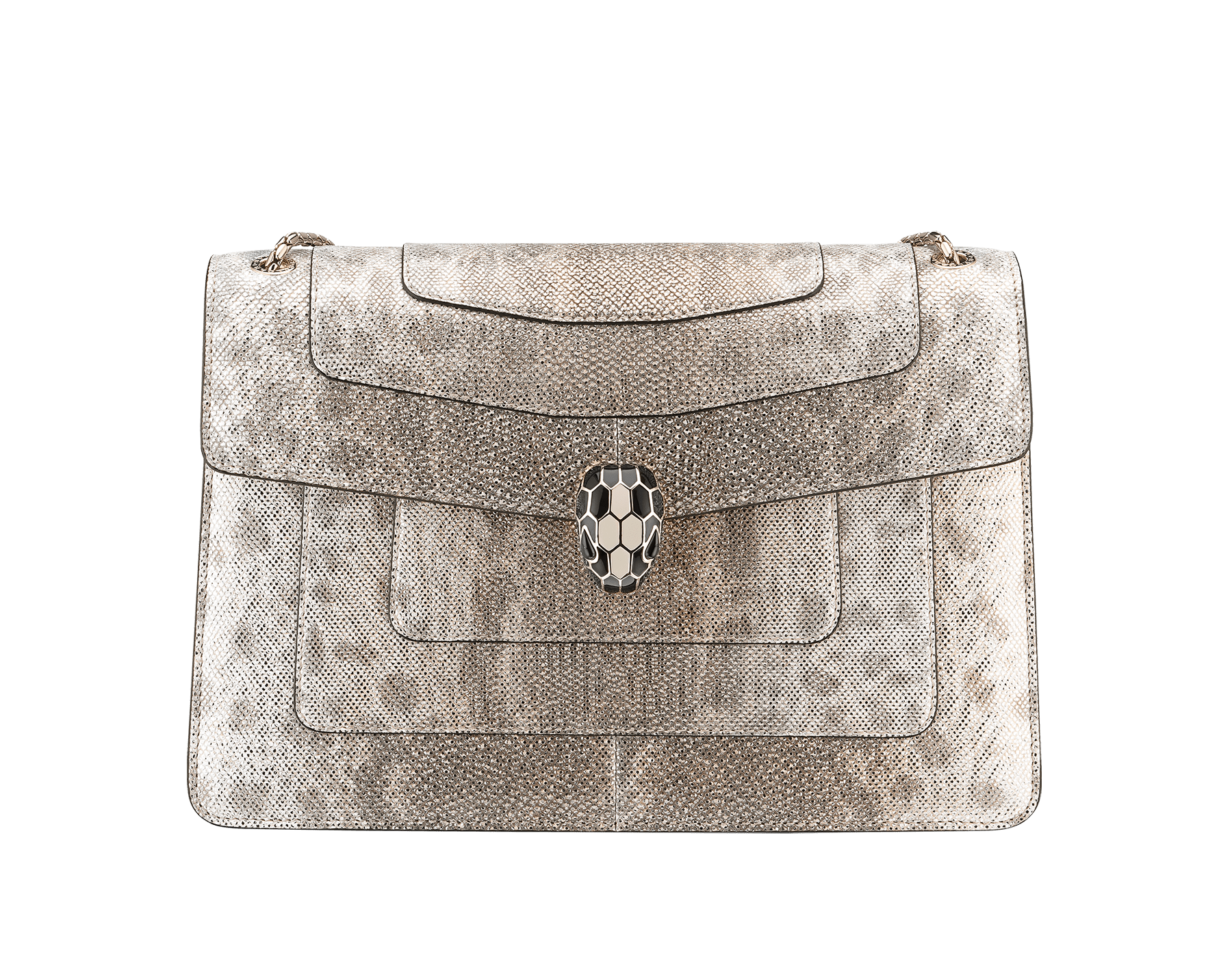 “Serpenti Forever” shoulder bag in milky opal metallic karung skin. Iconic snakehead closure in light gold-plated brass embellished with black and milky opal enamel and black onyx eyes. 521-MK image 1