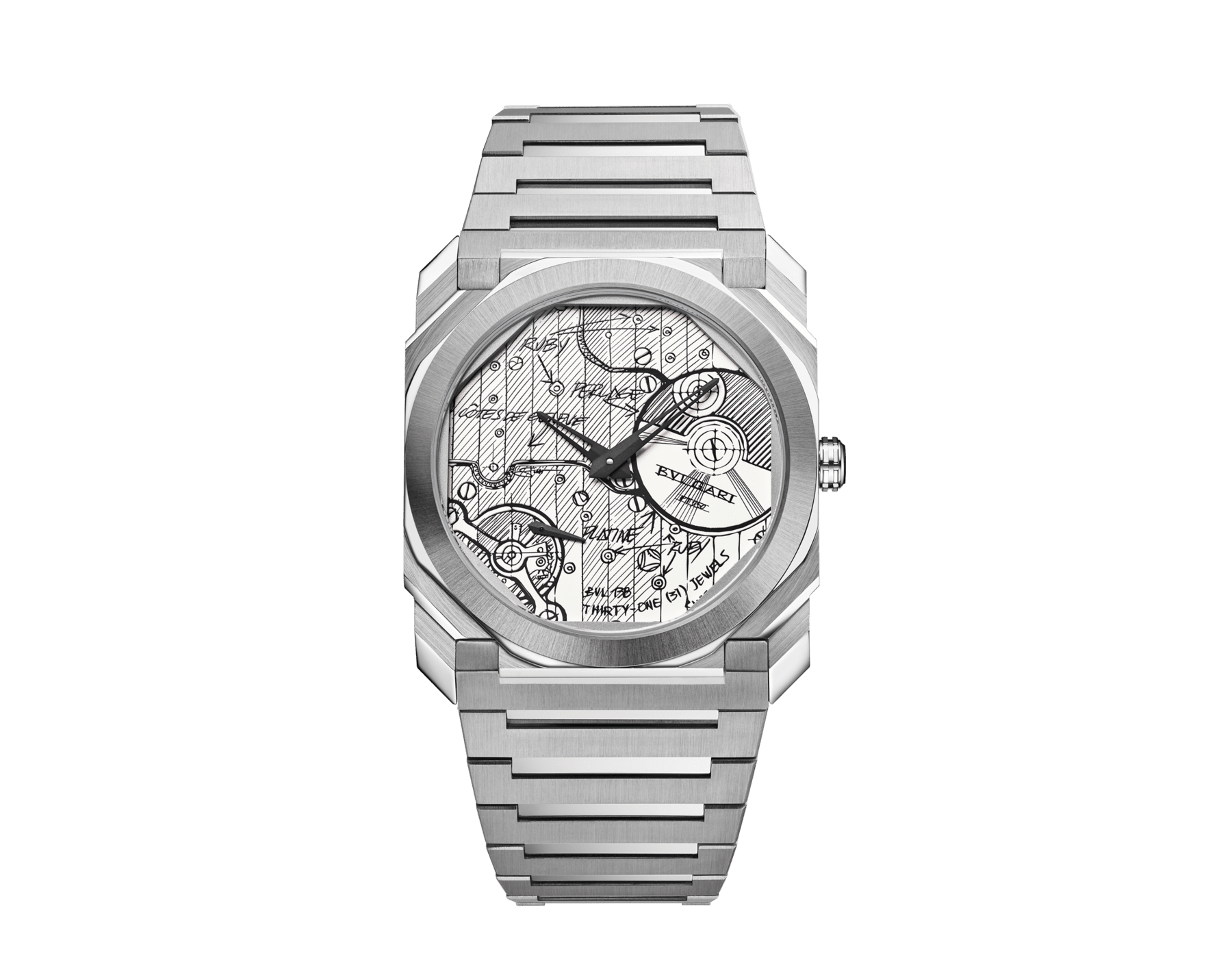 Octo Finissimo Automatic Uhr mit extraflachem mechanischen Manufakturwerk (2,23 mm hoch), Automatikaufzug, 40 mm Gehäuse und Armband aus seidenmattem Edelstahl sowie strichmattiertem Zifferblatt aus rhodiniertem Messing mit Entwurf des Uhrwerks. Wasserdicht bis 100 Meter. Special Edition von 280 Exemplaren 104163 image 1