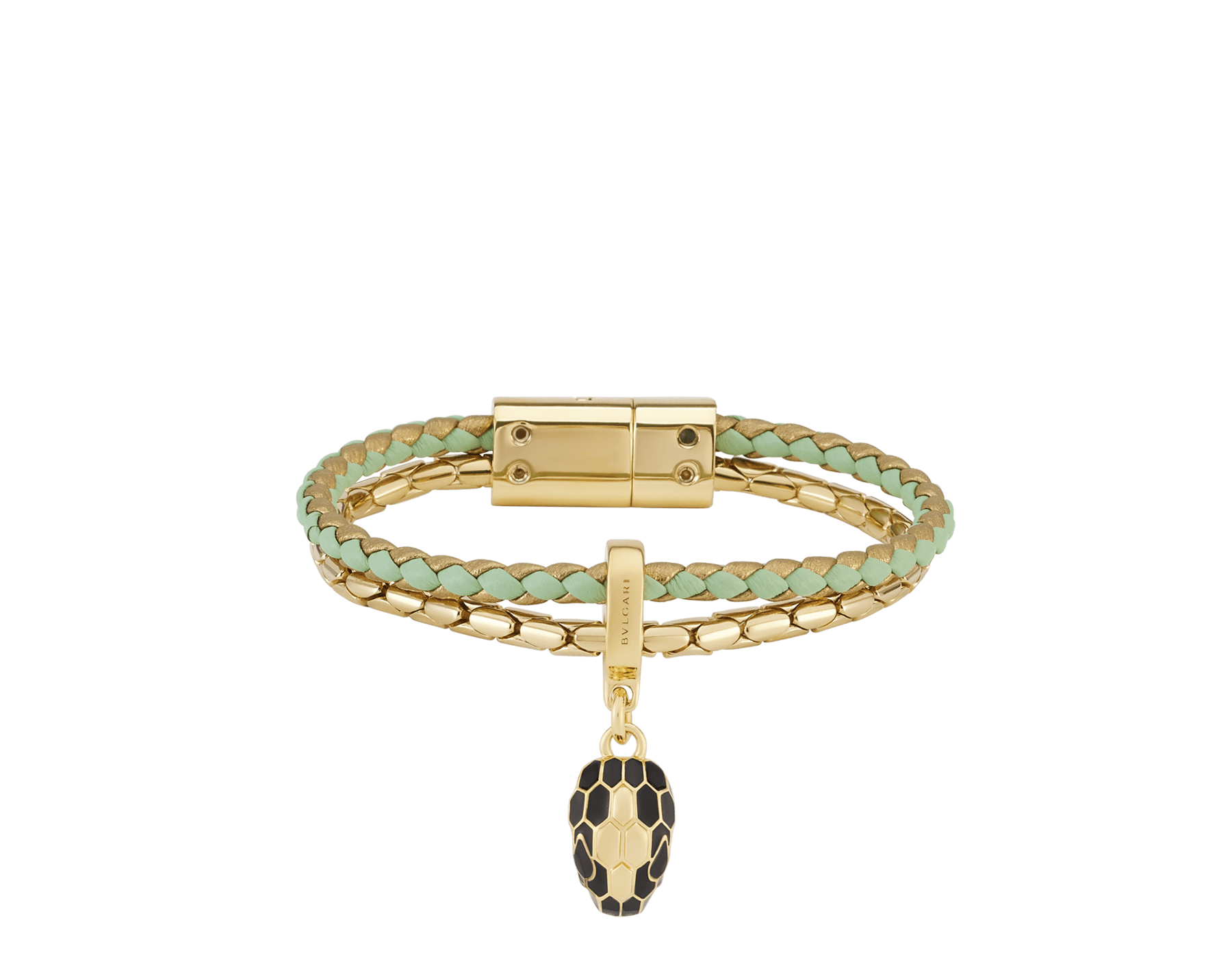 Serpenti Forever 手環，採用淺橄欖石色與深金色編織小牛皮，搭配金色黃銅鍊帶，磁扣開合。迷人的蛇頭吊飾飾以黑色琺瑯與金色蛇鱗，蛇眼飾以黑色琺瑯。 SERP-BRAID-CHAINX-Lightperidot image 1