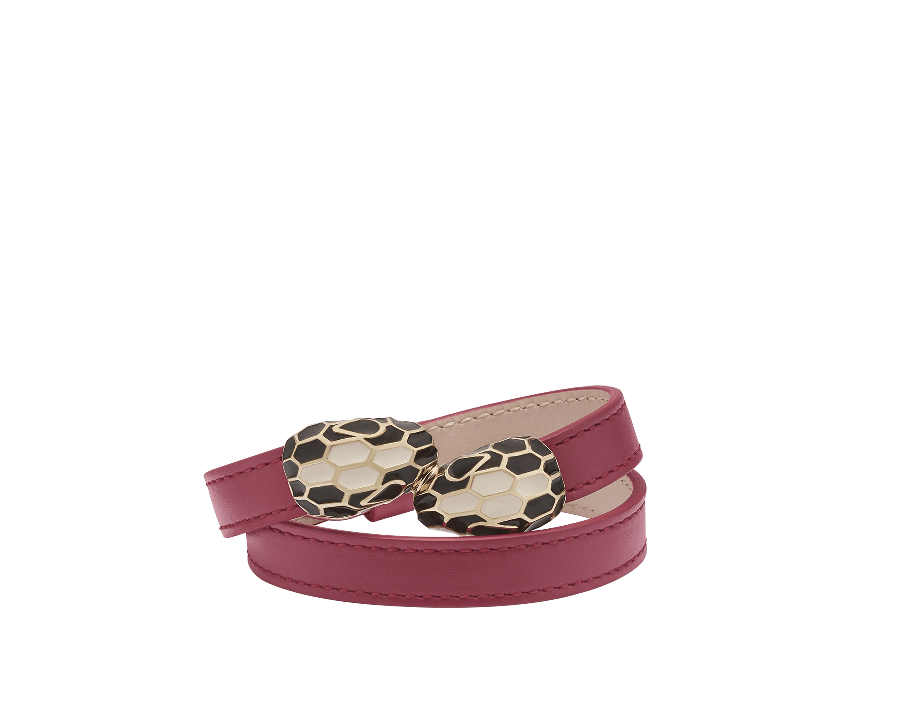 Serpenti Forever multi-coil bracelet in anemone spinel pinkish red calf leather. Single-rivet contraire snakehead closure in light gold-plated brass embellished with black and white agate enamel scales and black enamel eyes. MCSerp-CL-AS image 1