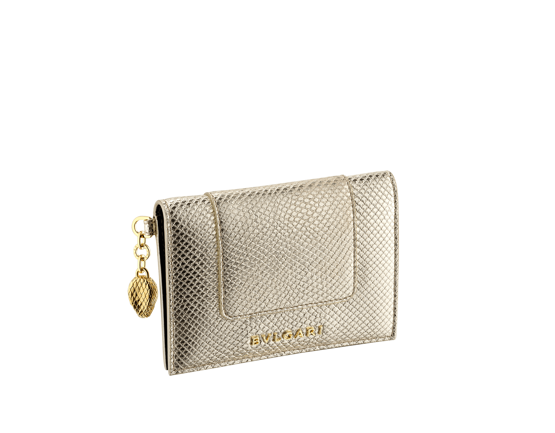 "Serpenti Forever" bi-fold card holder in "Molten" gold karung skin and black calfskin, offering a touch of radiance for the Winter Holidays. New Serpenti head charm in gold-plated brass, complete with ruby-red enamel eyes. SEA-CC-HOLDER-FOLD-MoltK image 1