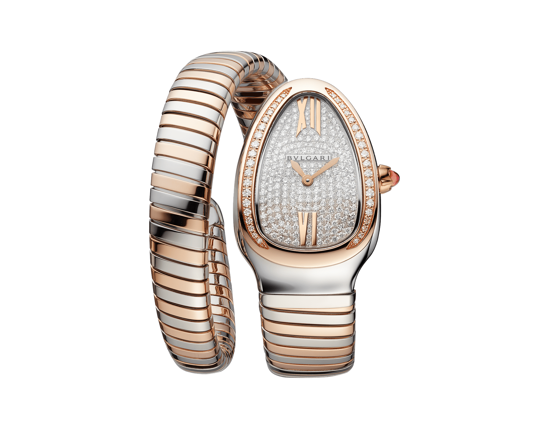 Serpenti Tubogas single spiral watch with stainless steel case, 18 kt rose gold bezel set with round brilliant-cut diamonds, full pavé dial, and bracelet in 18 kt rose gold and stainless steel 103150 image 1
