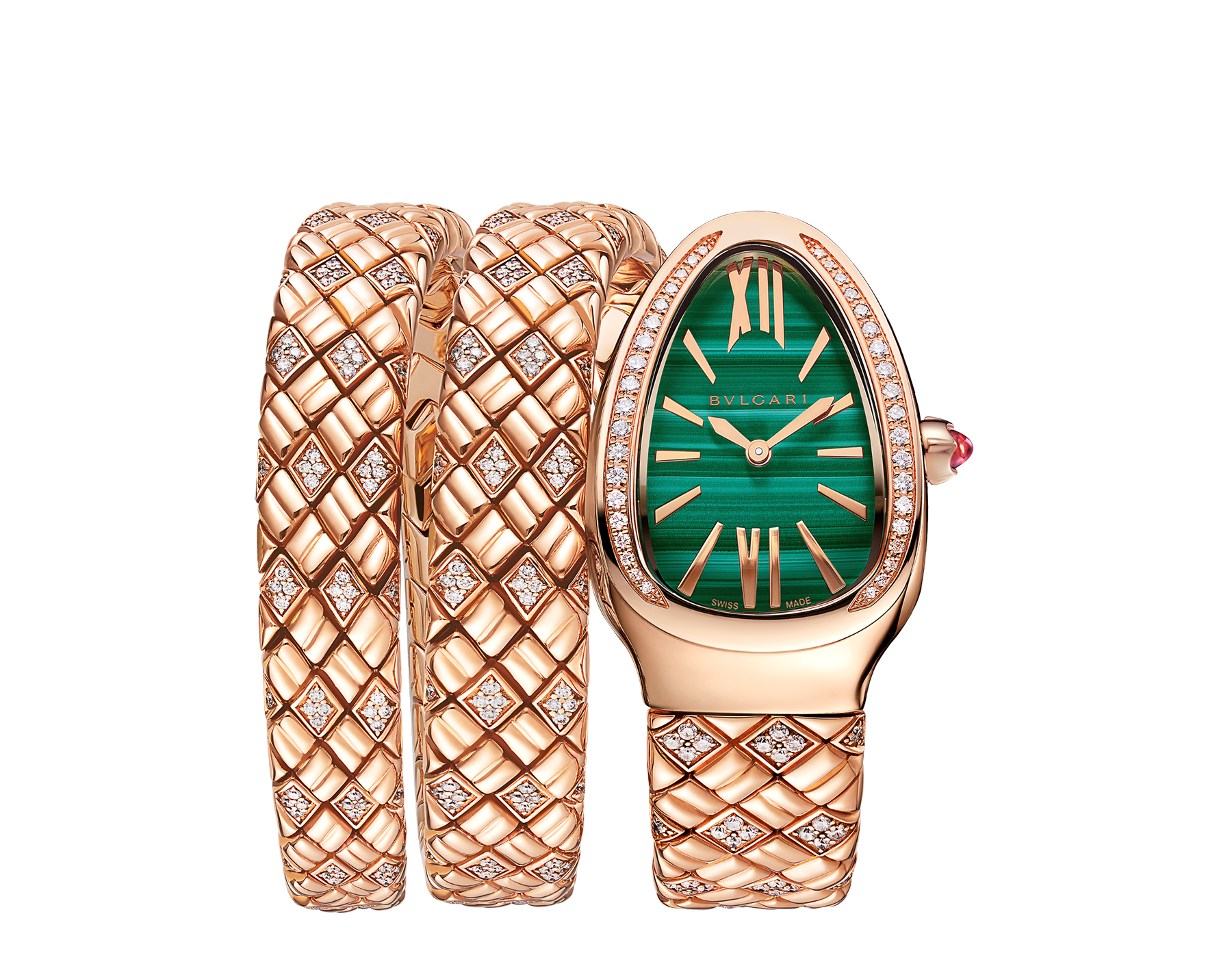 Serpenti Spiga double-spiral watch with 18 kt rose gold case set with diamonds, malachite dial and 18 kt rose gold bracelet partially set with brilliant-cut diamonds. Water-resistant up to 30 metres. Small size SERPENTI-SPIGA-2T image 1