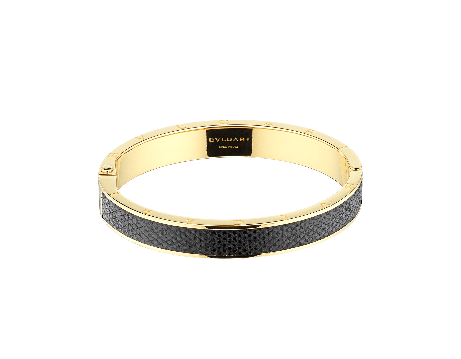 "BVLGARI BVLGARI" bangle bracelet in gold plated brass with a Moon Silver black metallic karung skin insert and a BVLGARI logo hinge closure. Logo engraving along the edges of both sides of the bracelet and in the inner part. HINGELOGOBRCLT-MK-B image 1