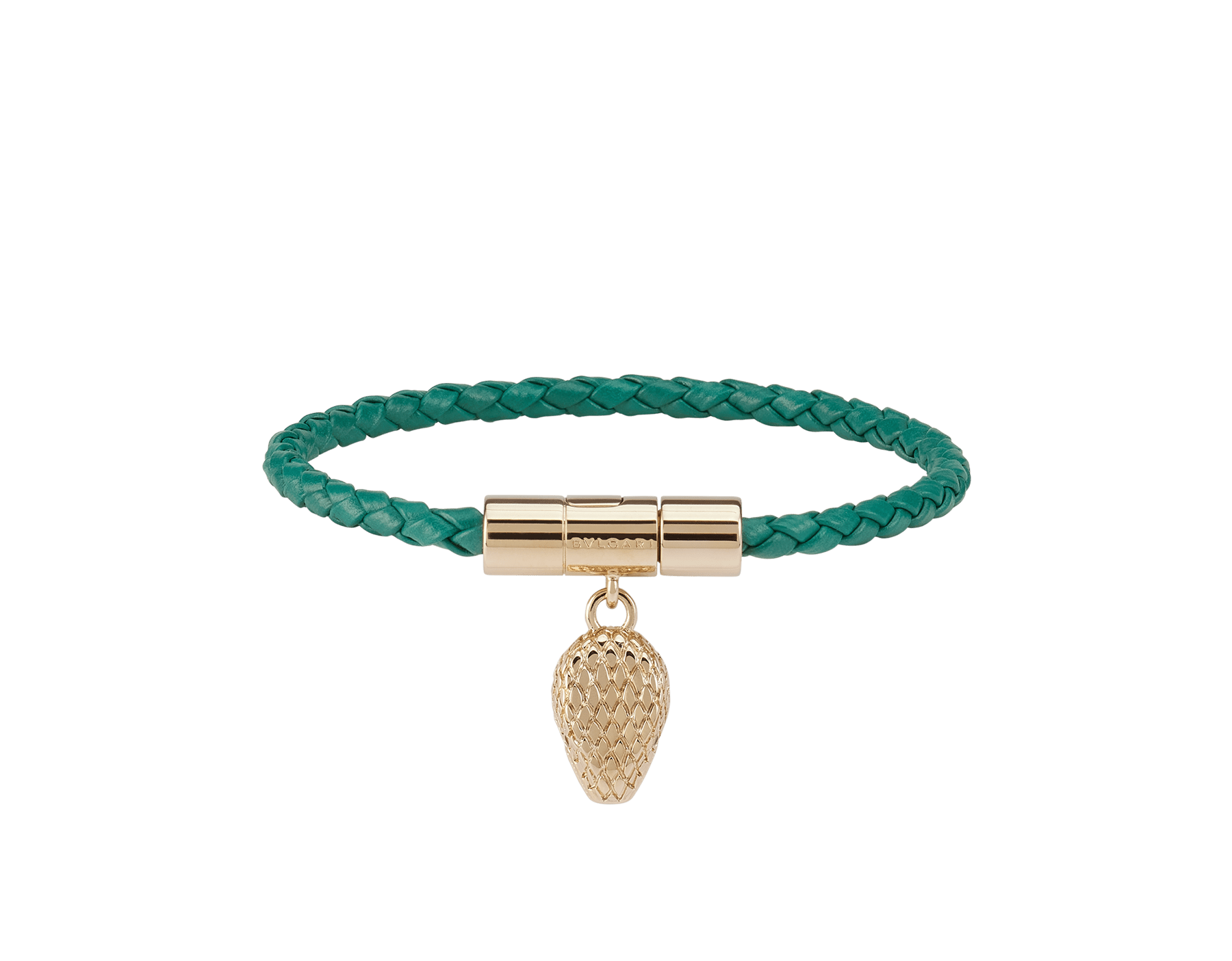 Serpenti Forever bracelet in emerald green braided calf leather. Light gold-plated brass captivating snakehead charm embellished with red enamel eyes, attached to the front clasp closure. SERP-HERBRAID-WCL-EG image 1