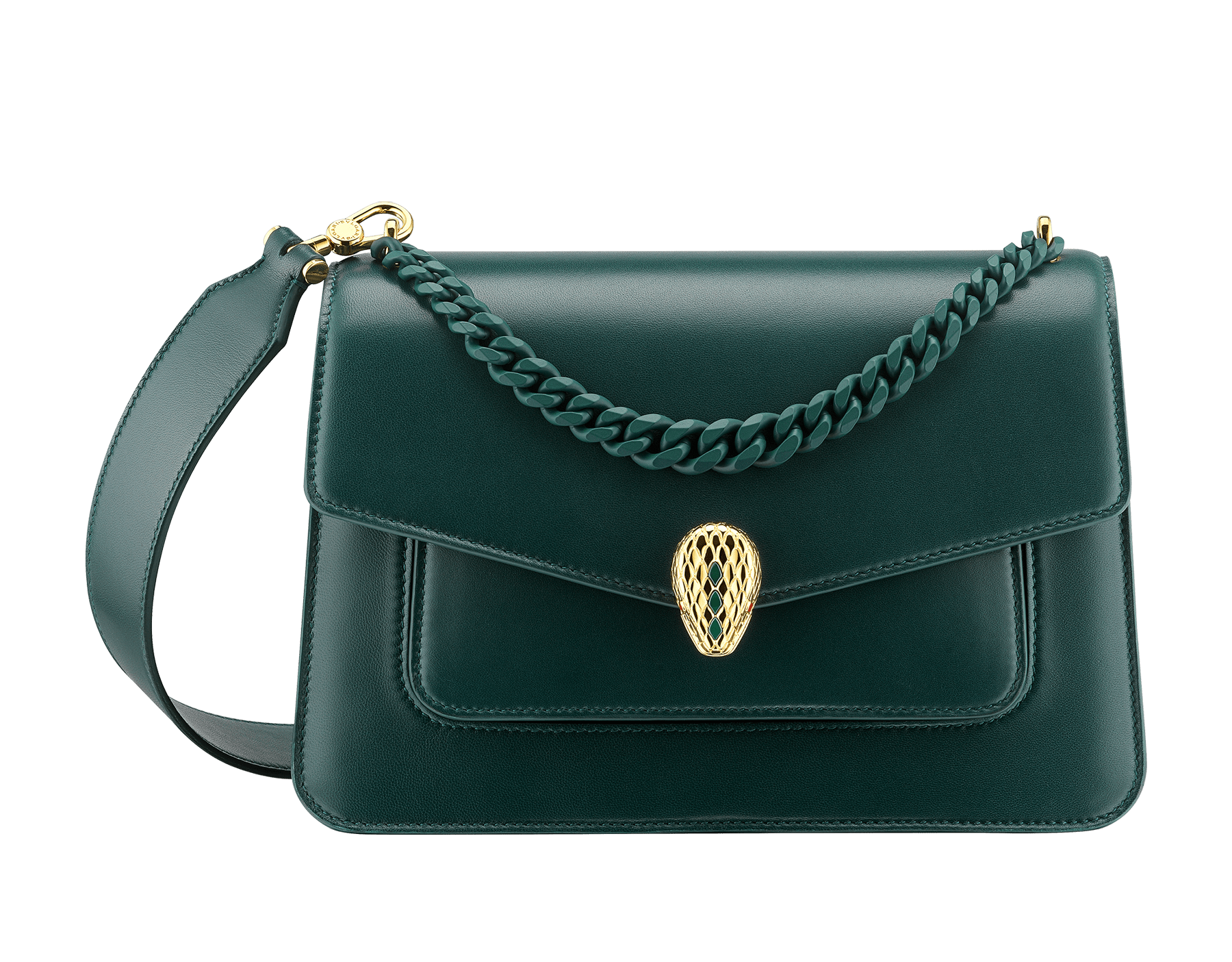 "Serpenti Forever" maxi chain crossbody bag in Ivory Opal white nappa leather, with an Deep Garnet bordeaux nappa leather internal lining. New Serpenti head closure in gold-plated brass, finished with small grey mother-of-pearl scales in the middle, and red enamel eyes. 1138-MCNb image 1