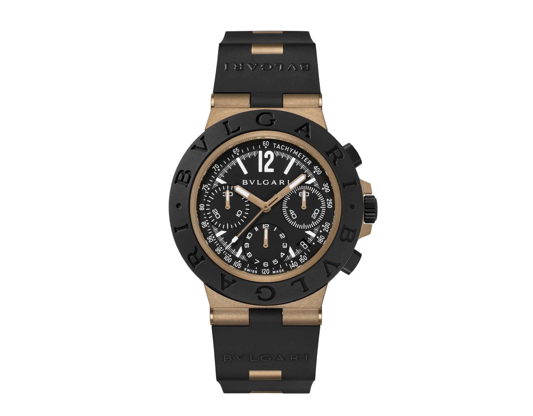 Orologio Bvlgari Bronzo Chronograph con movimento meccanico a carica automatica e cronografo, cassa di 41 mm in bronzo sabbiato, lunetta e cinturino in caucciù nero e quadrante verniciato opaco nero. Impermeabile fino a 100 metri. 104242 image 1