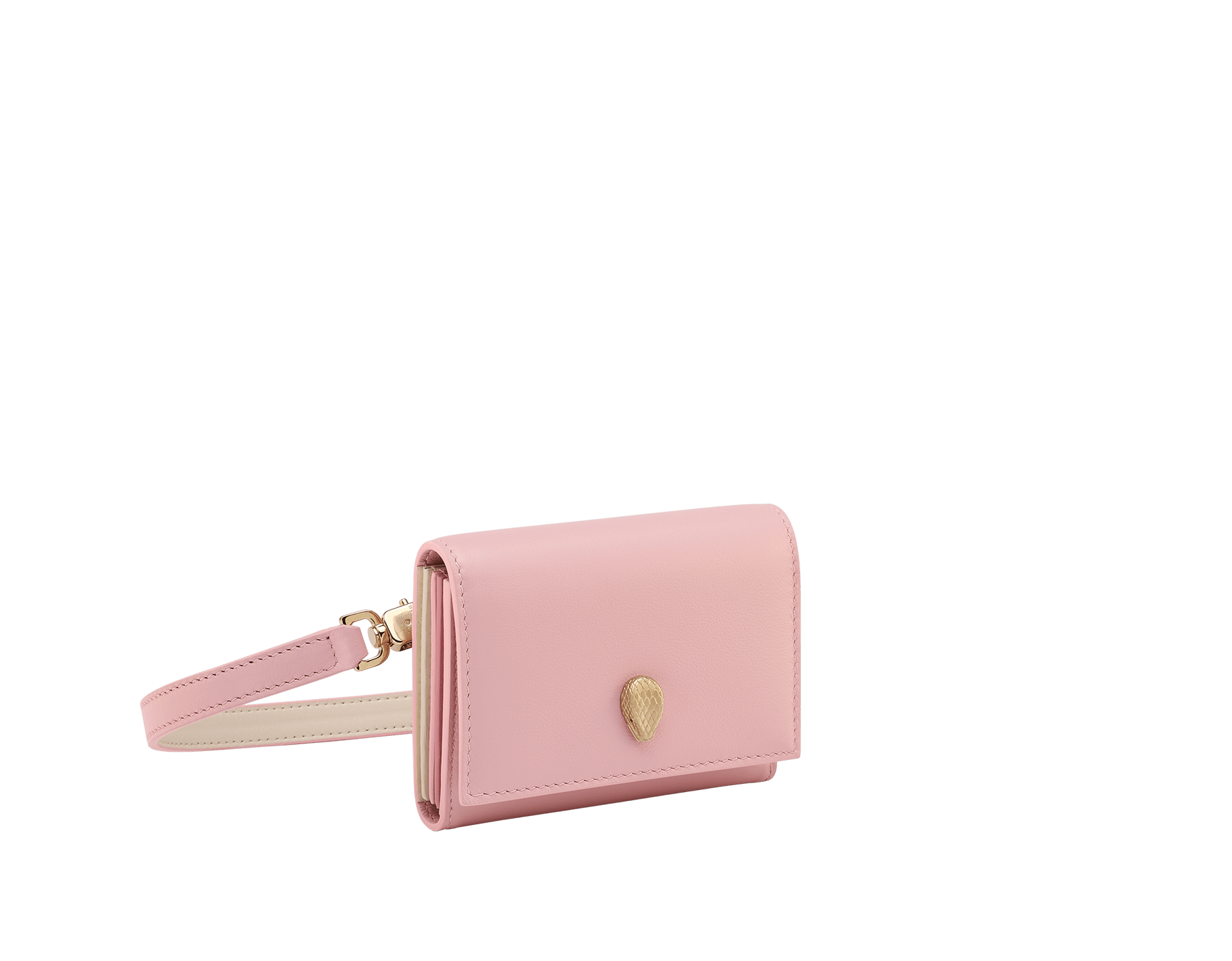 Serpenti Forever crossbody card holder in primrose quartz pink Metropolitan calf leather with flamingo quartz pink, primrose quartz pink and ivory opal nappa leather side details, and black moiré lining. Captivating magnetic snakehead closure in light gold-plated brass embellished with red enamel eyes. 292837 image 1