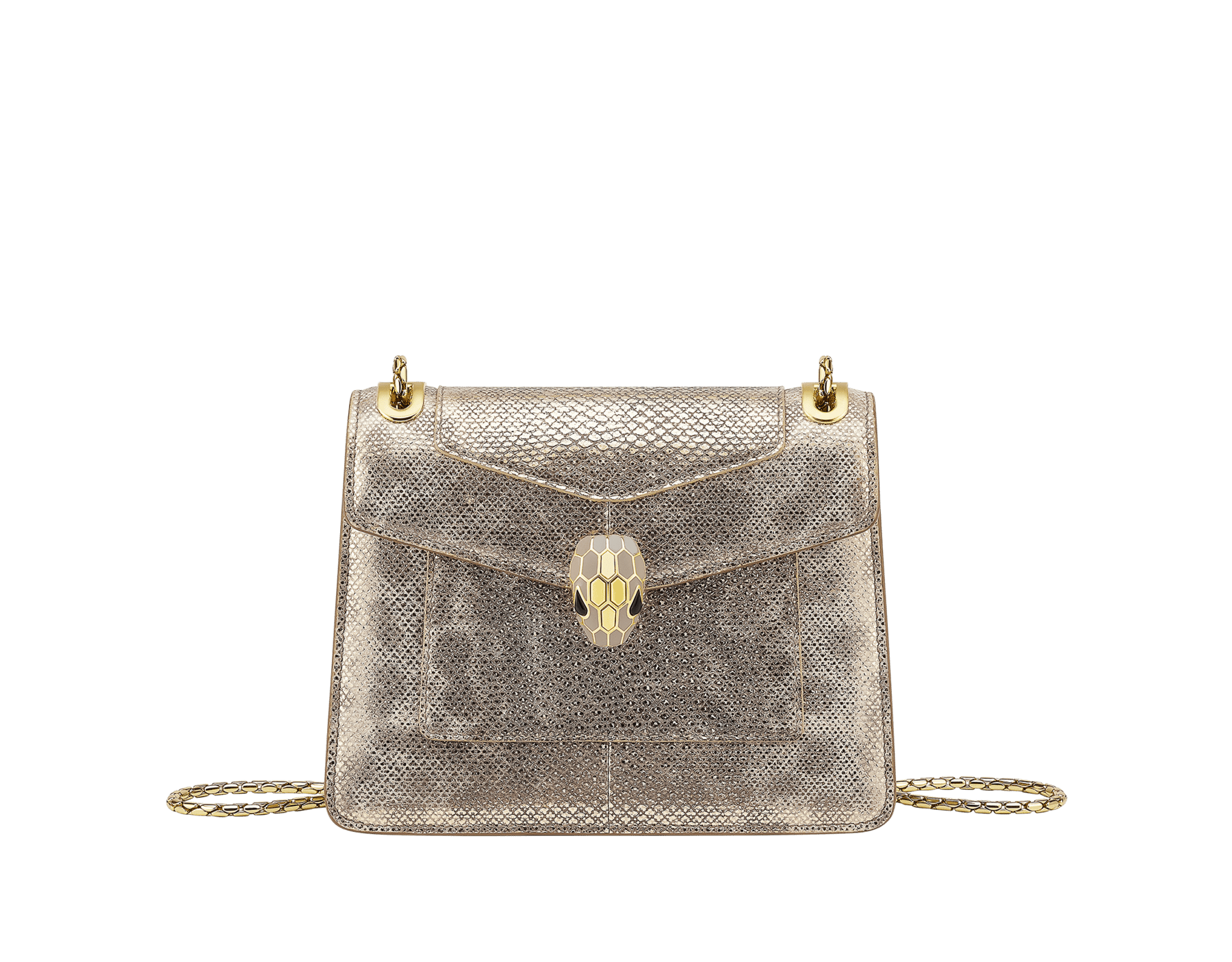 Piccola borsa a spalla Serpenti Forever Day-to-Night in karung lucido Cabochon blu intenso con borchie metalliche e fodera in nappa nera. Accattivante chiusura magnetica Serpenti in ottone placcato oro chiaro con squame in smalto blu intenso brillante e ottone placcato oro chiaro e occhi in onice nera. SEA-1281-P image 1