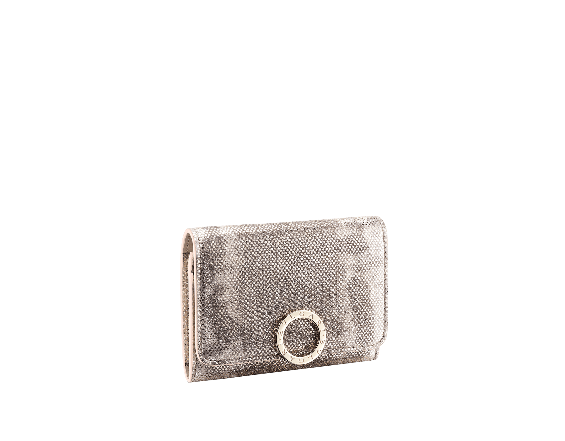 BVLGARI BVLGARI business card holder in crystal rose metallic karung skin and calf leather. Iconic logo closure clip in light gold plated brass 579-BC-HOLDER-MK image 1