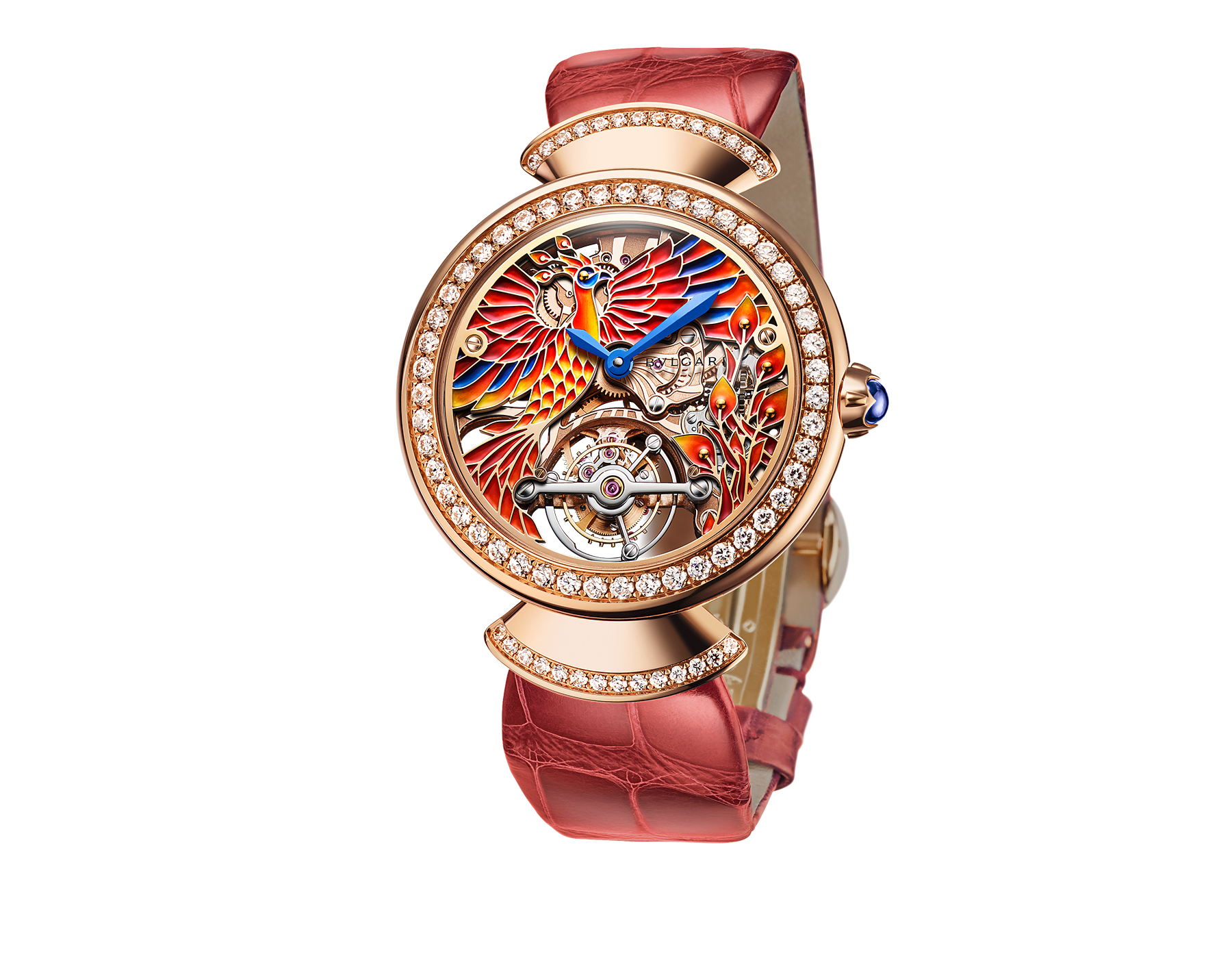 DIVAS' DREAM Tourbillon Phoenix Limited Edition watch with mechanical manufacture movement, manual winding, see-through tourbillon, 18 kt rose gold case set with brilliant-cut diamonds, skeletonized dial decorated with hand painted miniature motifs of a phoenix and flames, and red alligator bracelet 102947 image 1