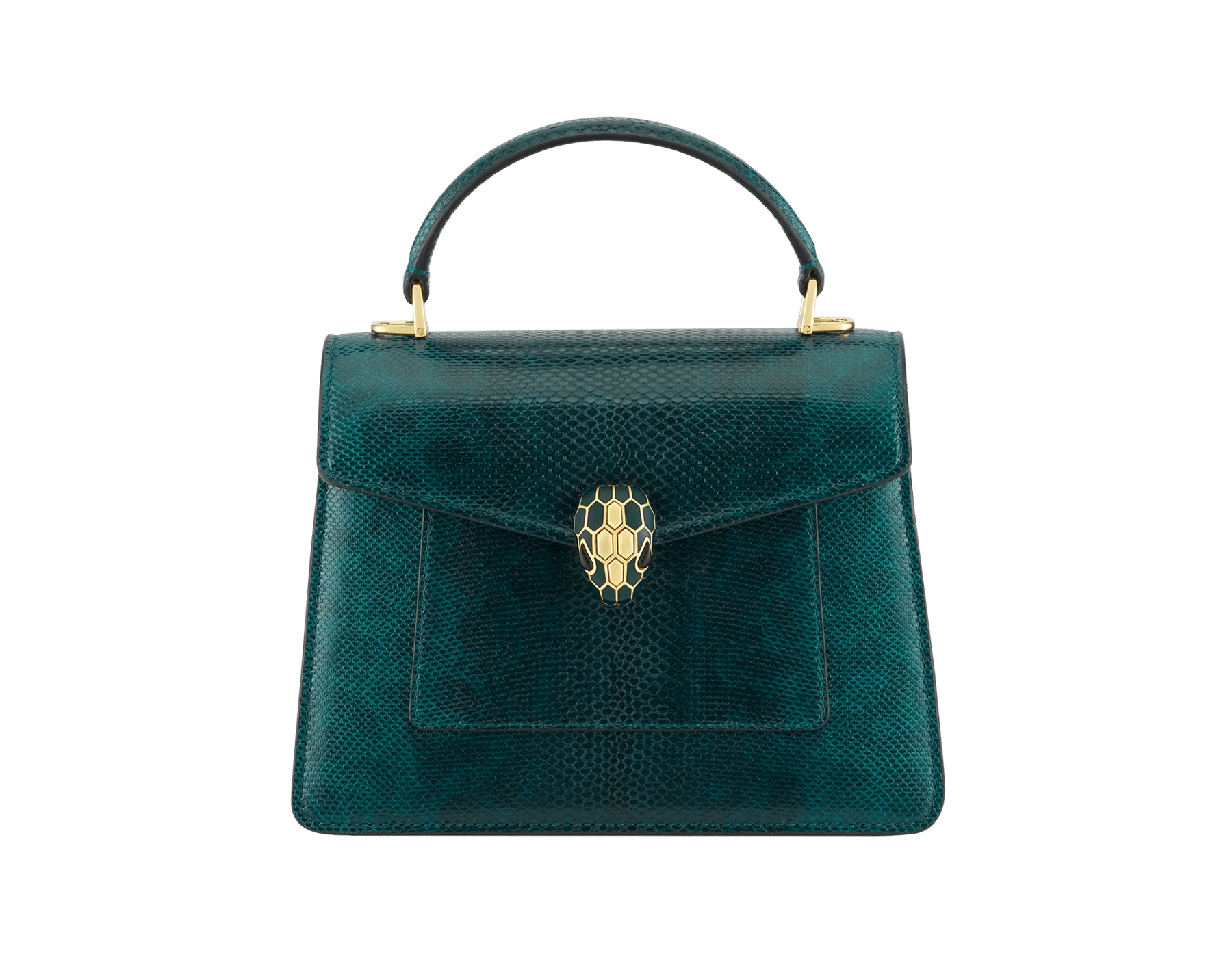 Serpenti Forever medium top handle bag in forest emerald shiny karung with black nappa leather lining. Captivating snakehead magnetic closure in gold-plated brass embellished with forest emerald enamel and gold-plated brass scales, and black onyx eyes. 295626 image 1