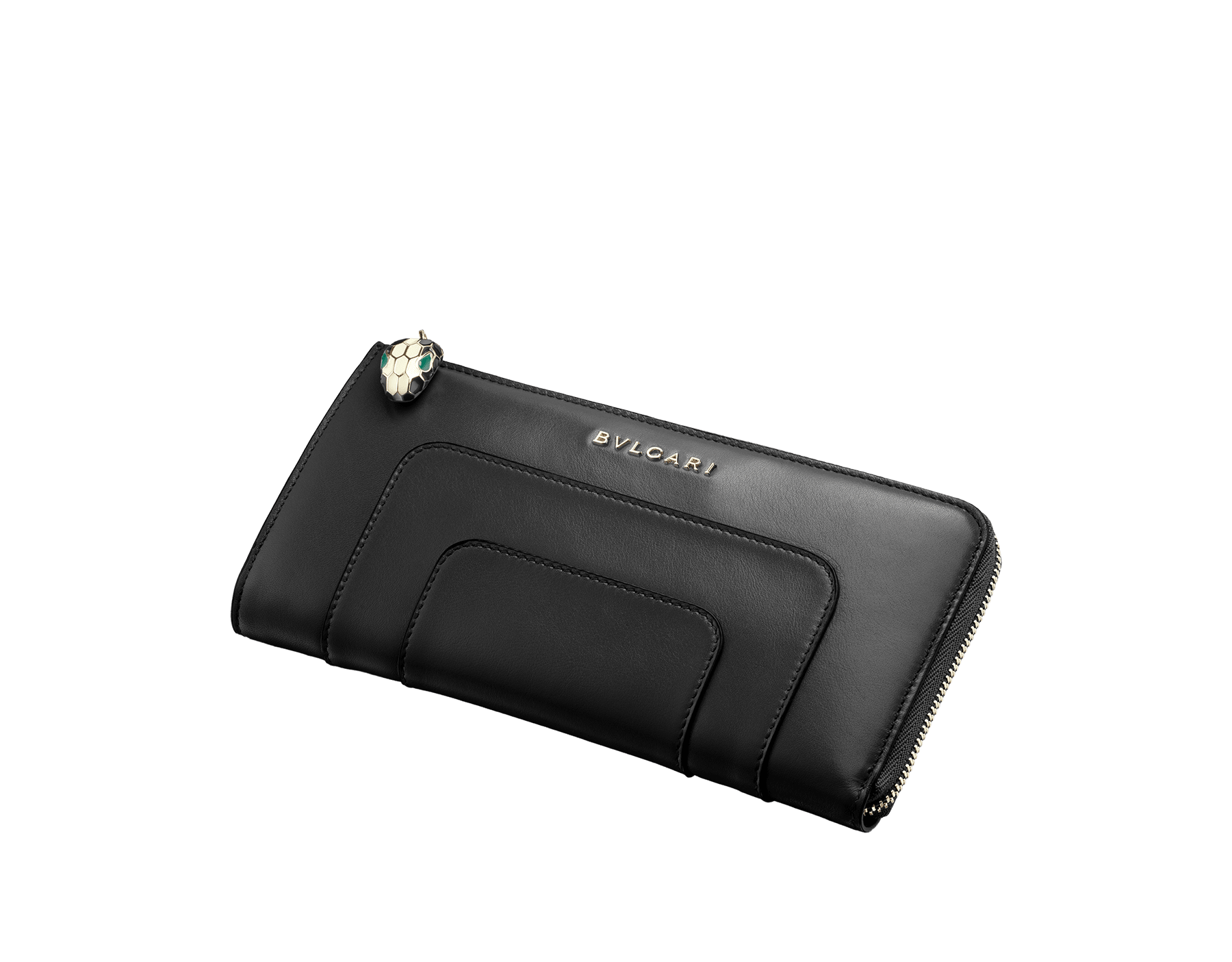L-shaped zipped wallet in black calf leather with brass light gold plated hardware. Iconic black and white enamel Serpenti head zip puller with green enamel eyes. 36474 image 1