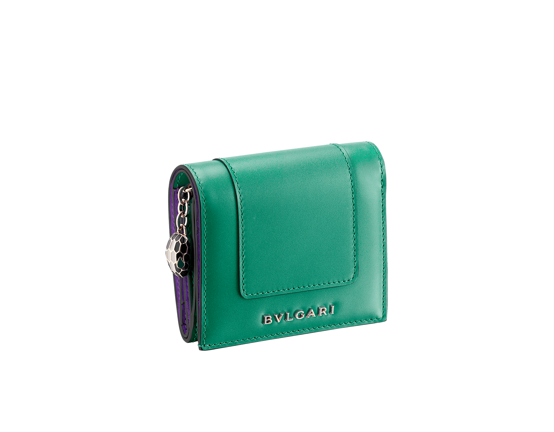 Serpenti Forever super compact wallet in black and emerald calf leather. Iconic snake head zip puller in black and white enamel, with green malachite enamel eyes. SEA-SUPERCOMPACT-CLb image 1