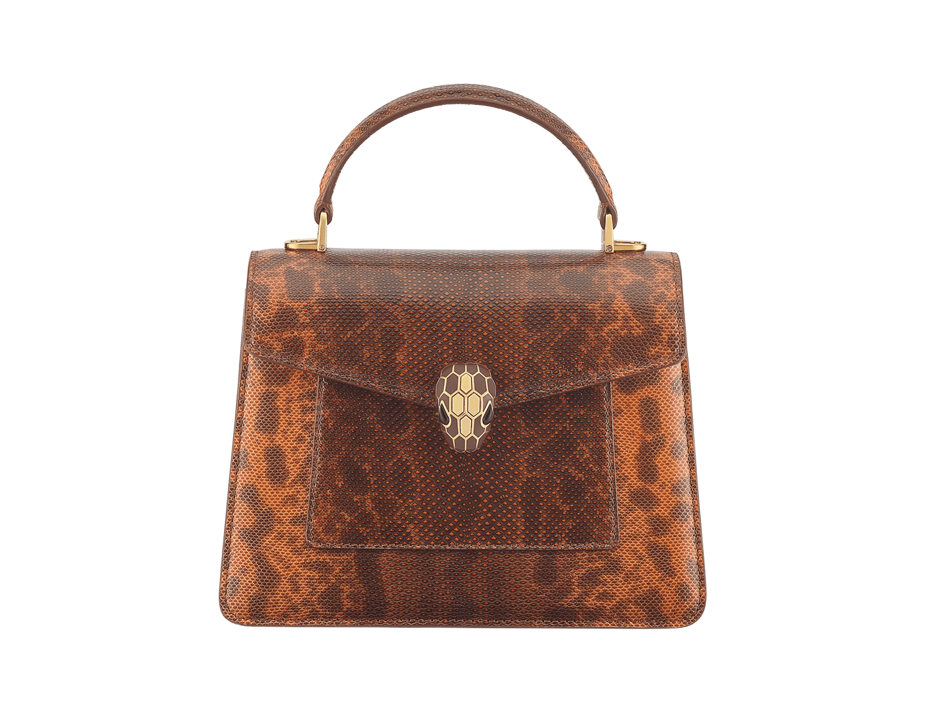 Serpenti Forever 中型手提包，採用乳白蛋白石棕色亮面水蛇皮，水晶玫瑰粉紅色納帕軟面皮內裡。迷人的淡金色黃銅蛇頭磁扣飾以乳白蛋白石棕色琺瑯和淡金色黃銅蛇鱗，蛇眼鑲飾黑色縞瑪瑙。 SEA-1282-K image 1