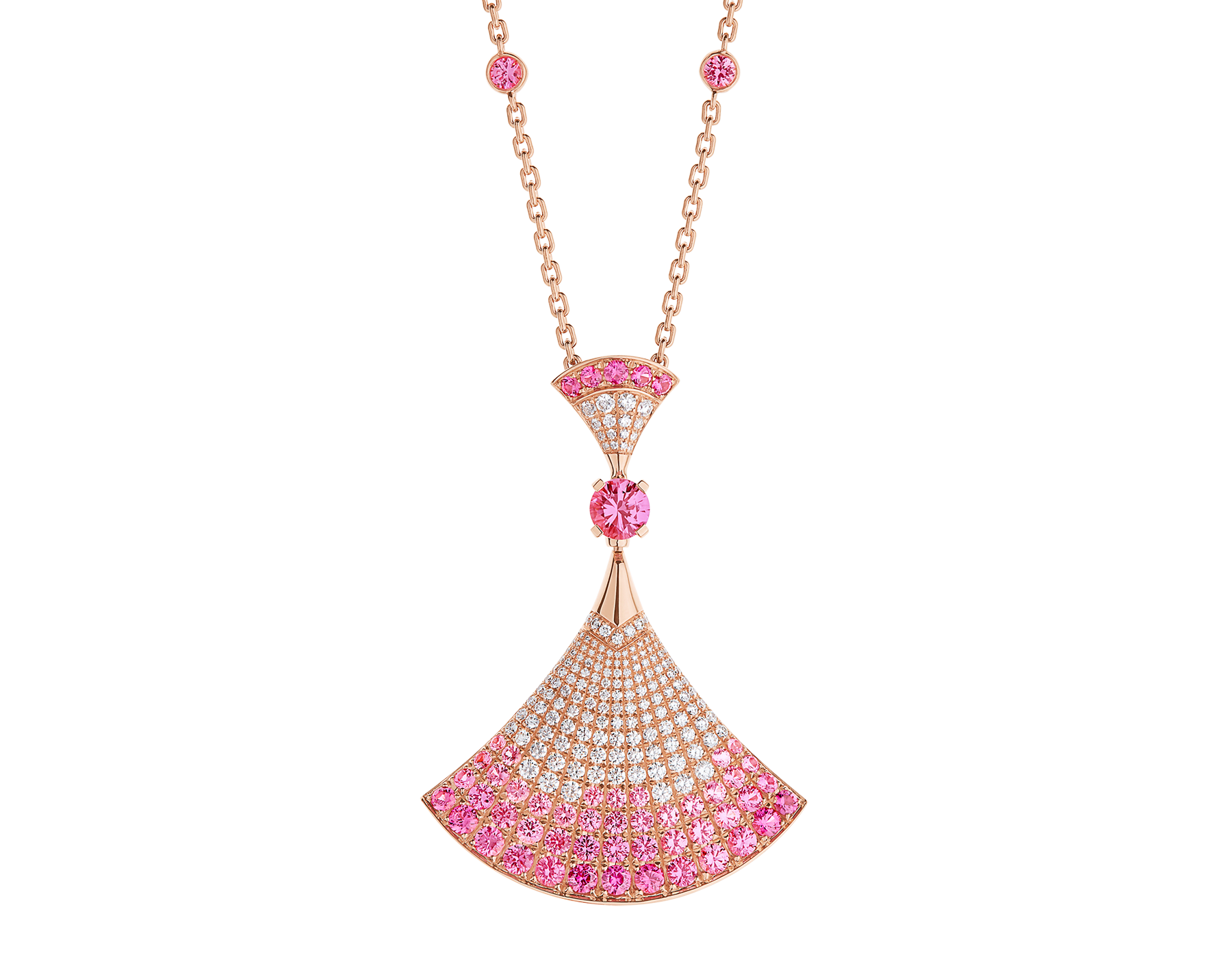 DIVAS’ DREAM Halskette mit Anhänger aus 18 Karat Roségold mit einem zentralen rosafarbenen Saphir und weiteren rosafarbenen Saphiren (insgesamt 3,53 Karat), runden Rubinen (0,81 Karat), runden Diamanten (0,16 Karat) und Diamant-Pavé (0,85 Karat) 358114 image 1
