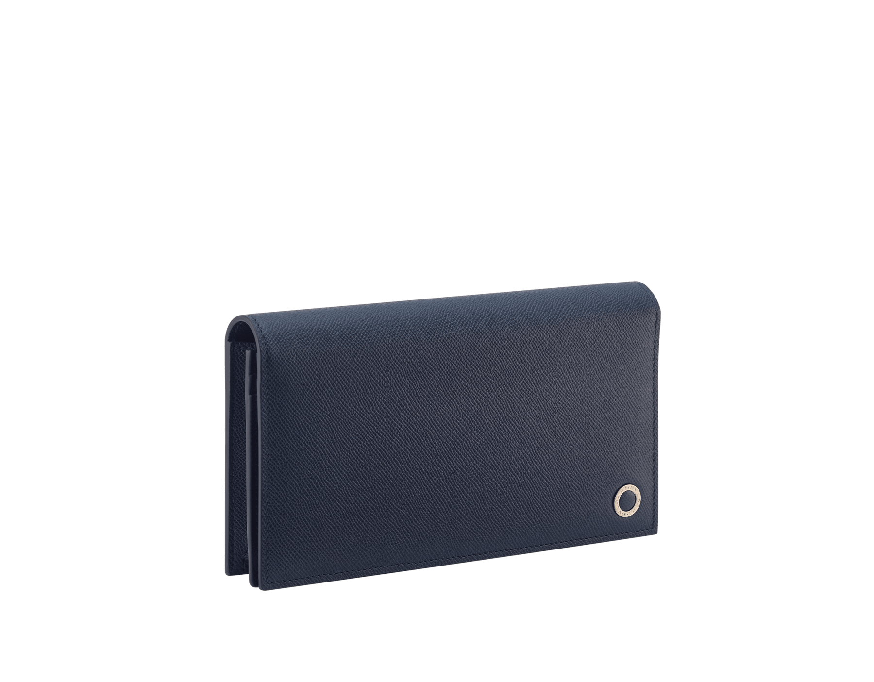 Portafoglio grande per yen Bvlgari Bvlgari Man in vitello martellato, marrone diaspro del deserto all'esterno e color blu denim zaffiro all'interno. Iconico motivo in ottone placcato palladio e chiusura a libro. BBM-WLT-Y-ZP-16C-R image 1