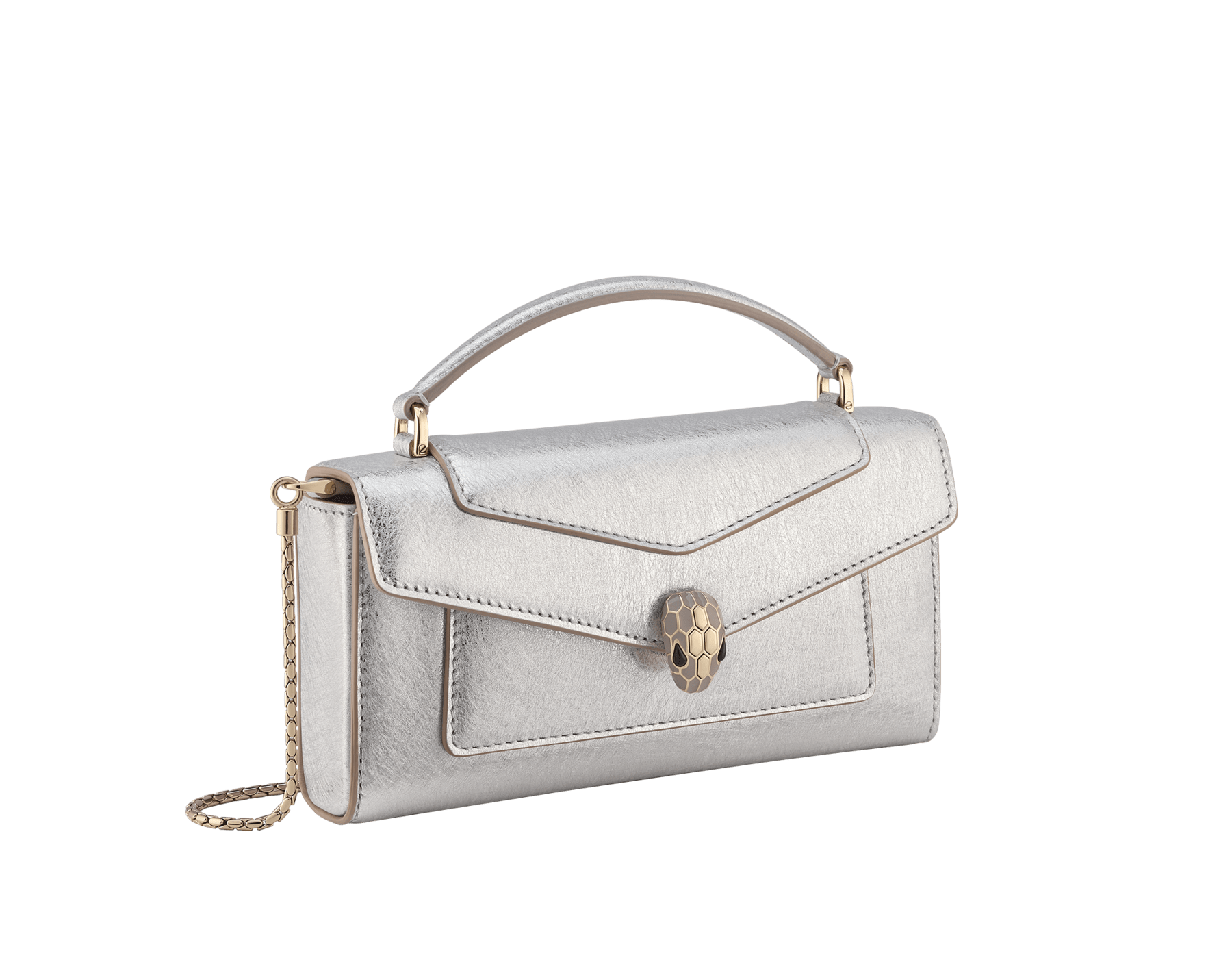Custodia per smartphone Serpenti Forever in vitello bianco diamante scintillante con fodera in nappa verde smeraldo. Accattivante chiusura magnetica Serpenti in ottone placcato palladio con squame in smalto bianco e ottone placcato palladio e occhi in onice nera. SEA-PHONEPOUCH image 1
