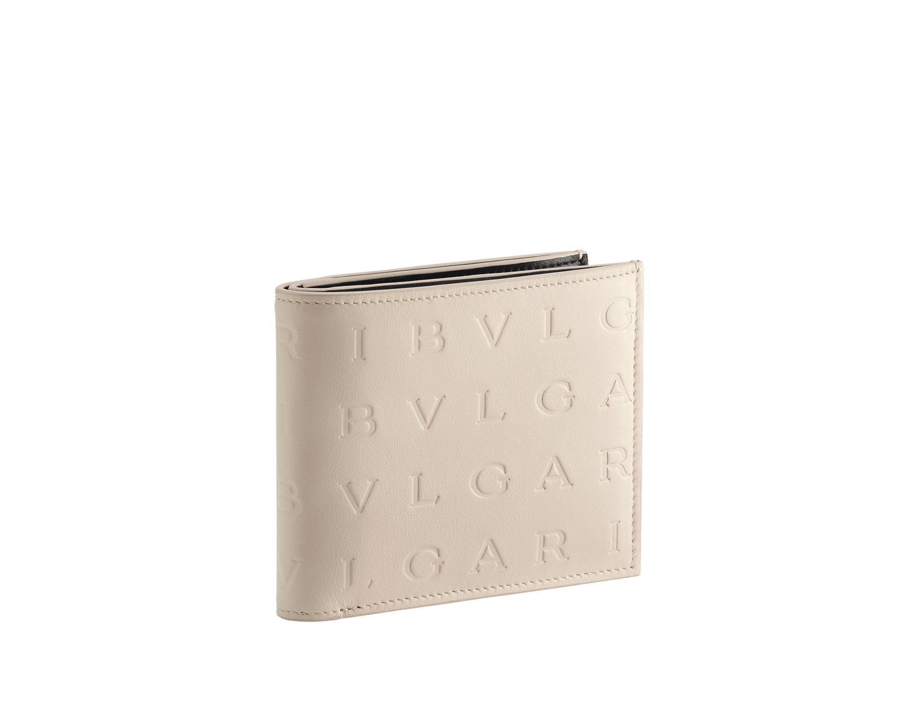 Bvlgari Logo bifold wallet in ivory opal calf leather with hot stamped Infinitum Bvlgari logo pattern and plain black nappa leather lining. Palladium plated brass hardware. BVL-BIFOLDWALLET image 1