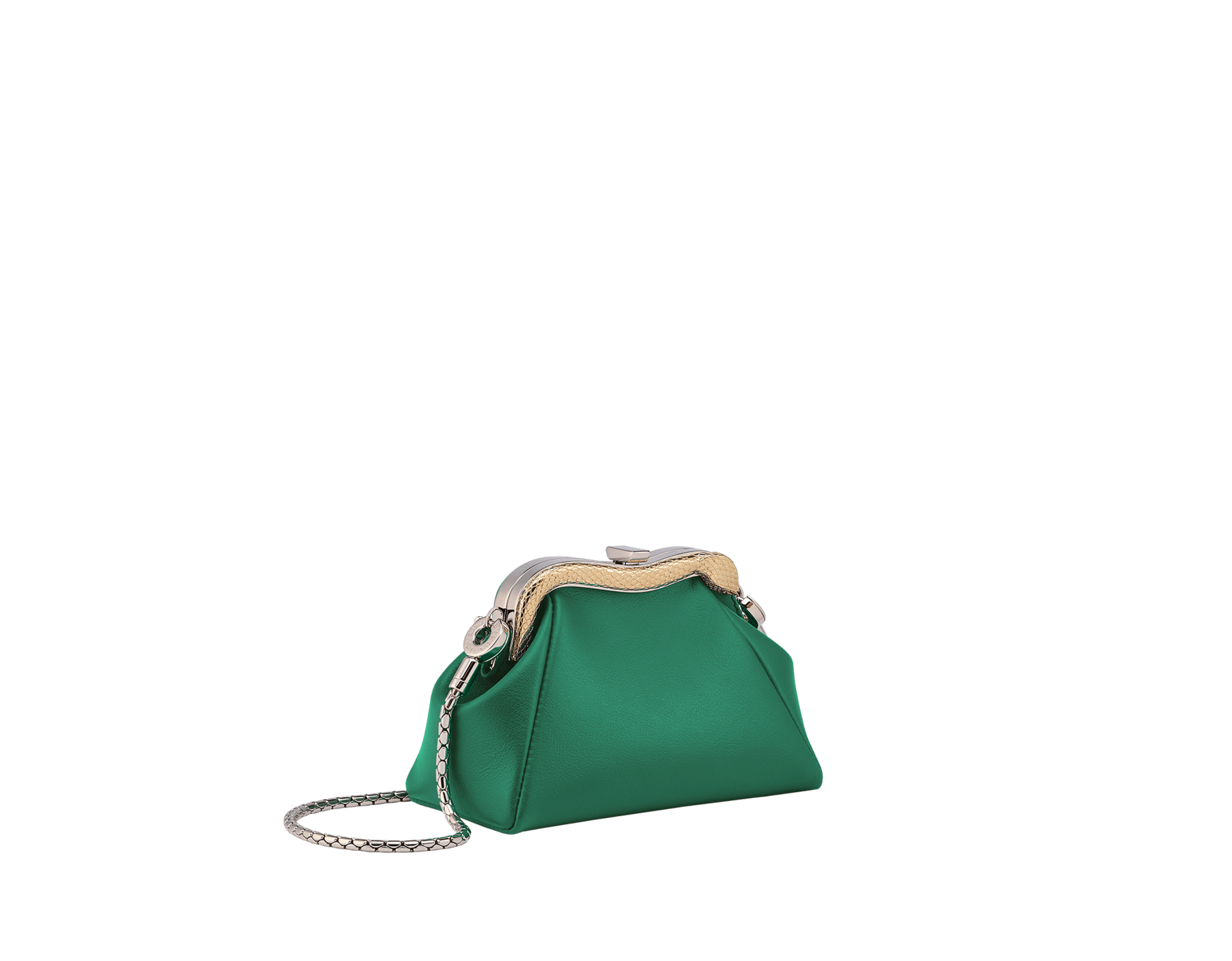 Serpentine micro pouch bag in smooth emerald green calf leather with amethyst purple nappa leather lining. Captivating snake body-shaped frame in light gold-plated brass embellished with engraved scales and red enamel eyes on one side and an emerald green smooth calf leather insert on the other, with press-stud closure. SEA-NANOSERPENTIN image 1