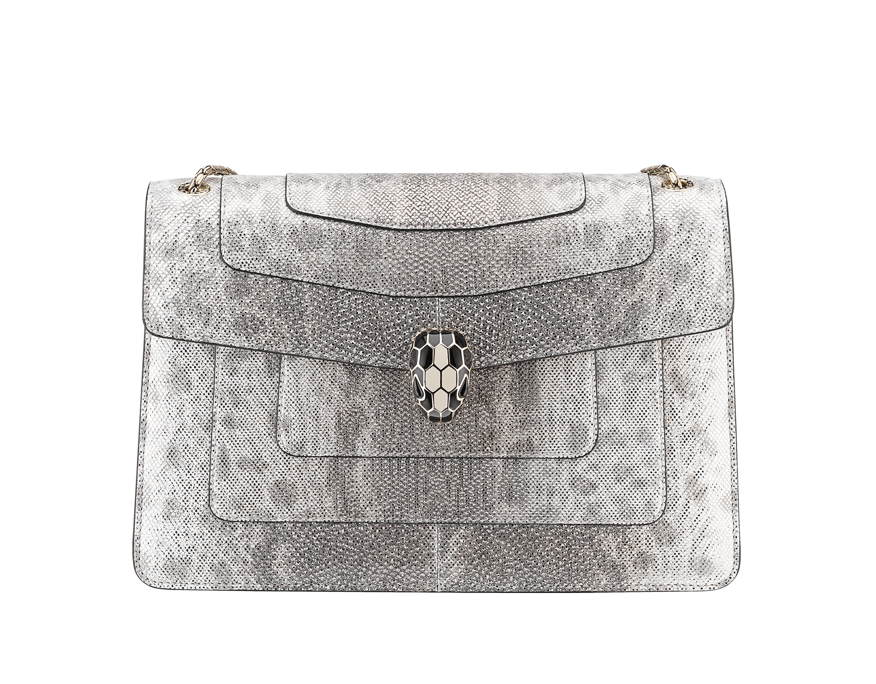 Serpenti Forever Schultertasche aus kohlegrauem Metallic-Karungleder. Schlangenkopf-Verschluss aus hell vergoldetem Messing mit kohlegrau glitzernder und schwarz glänzender Emaille und Augen aus schwarzem Onyx. 521-MK image 1