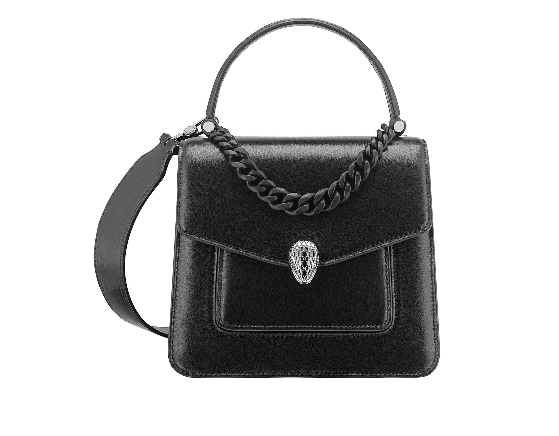 "Serpenti Forever" small maxi chain top-handle bag in black nappa leather, with black nappa leather inner lining. New Serpenti head closure in dark ruthenium-plated brass and finished with small black onyx scales in the middle and red enamel eyes. 1133-MCNa image 1