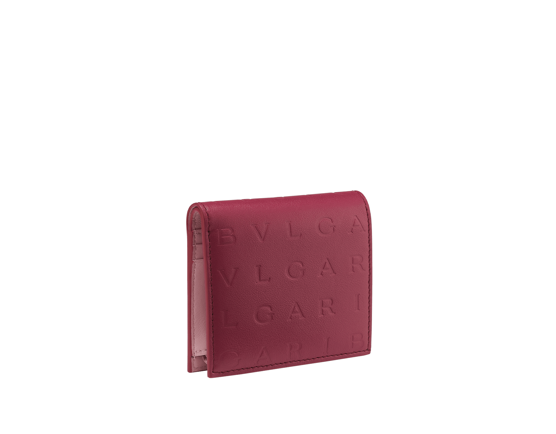 Bulgari Logo compact wallet in primrose quartz pink calf leather with hot-stamped Infinitum pattern all over and anemone spinel pinkish-red nappa leather interior. Light gold-plated brass hardware and press-stud closure. BVL-COMPACTWLTa image 1