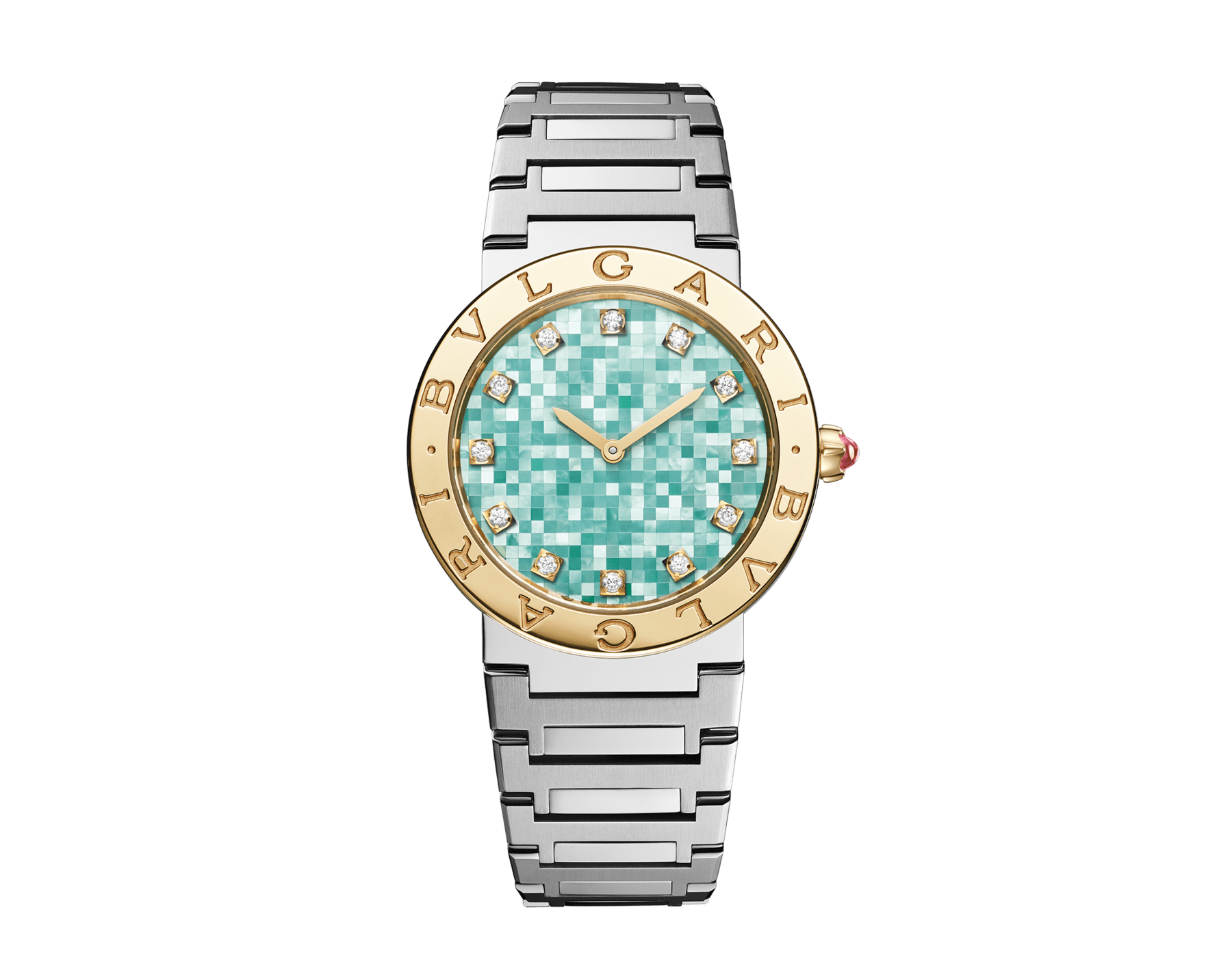 Bvlgari Bvlgari 腕錶，採用拋光及緞面髮絲紋精鋼材質，搭配 18K 黃金錶圈，鐫刻雙品牌標誌，綠色珍珠母貝錶盤，12 個鑽石時標。防水深度 30 公尺。 104320 image 1