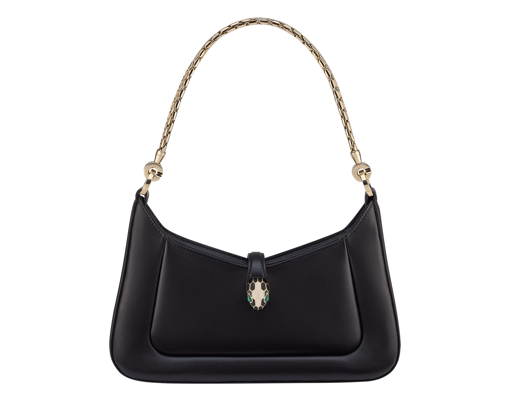 Serpenti Baia small shoulder bag in vivid emerald green Metropolitan calf leather with black nappa leather lining. Captivating snakehead magnetic closure in light gold-plated brass embellished with bright forest emerald green enamel and light gold-plated brass scales, and black onyx eyes; additional zipped top closure. SEA-1274293589 image 1