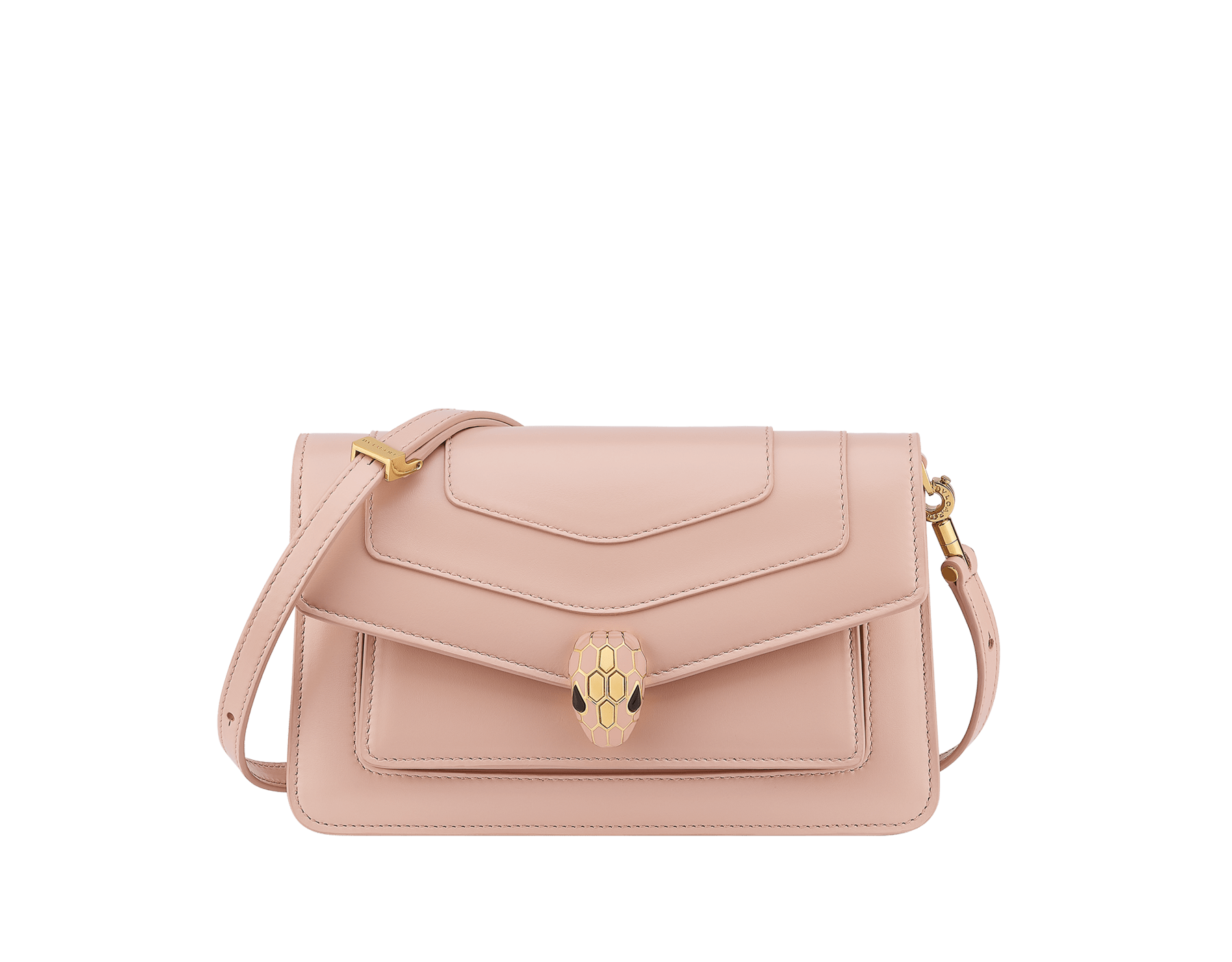 Piccola borsa a spalla Serpenti Forever East-West in vitello rosa chiaro con fodera in gros-grain rosa cristallo. Accattivante chiusura magnetica Serpenti in ottone placcato oro con squame in smalto rosa cristallo e ottone placcato oro e occhi in onice nera. 294567 image 1