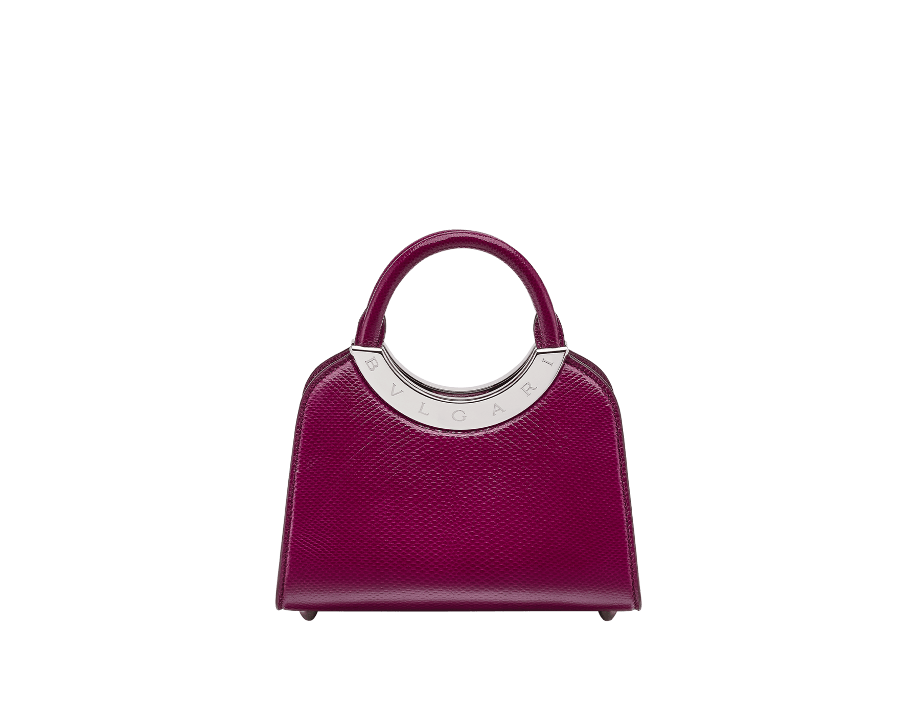 Bvlgari Roma mini top handle bag in midnight plum Pure karung with black nappa leather lining. Iconic metal detail in palladium-plated brass engraved with the Bvlgari logo, and magnetic press-button closure. BVR-001-1310XS-KAR image 1