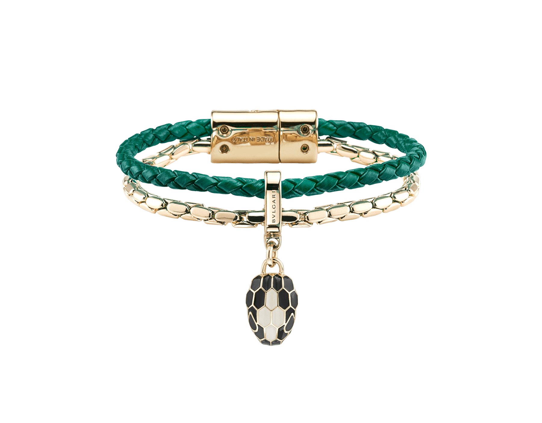 Serpenti Forever 手環，採用祖母綠色編穗小牛皮。淡金色黃銅蛇身鍊帶，經典蛇頭吊飾飾以黑色和淨白瑪瑙色琺瑯，蛇眼飾以黑色琺瑯，磁性扣頭。 SerpBraidChain-WCL-EG image 1