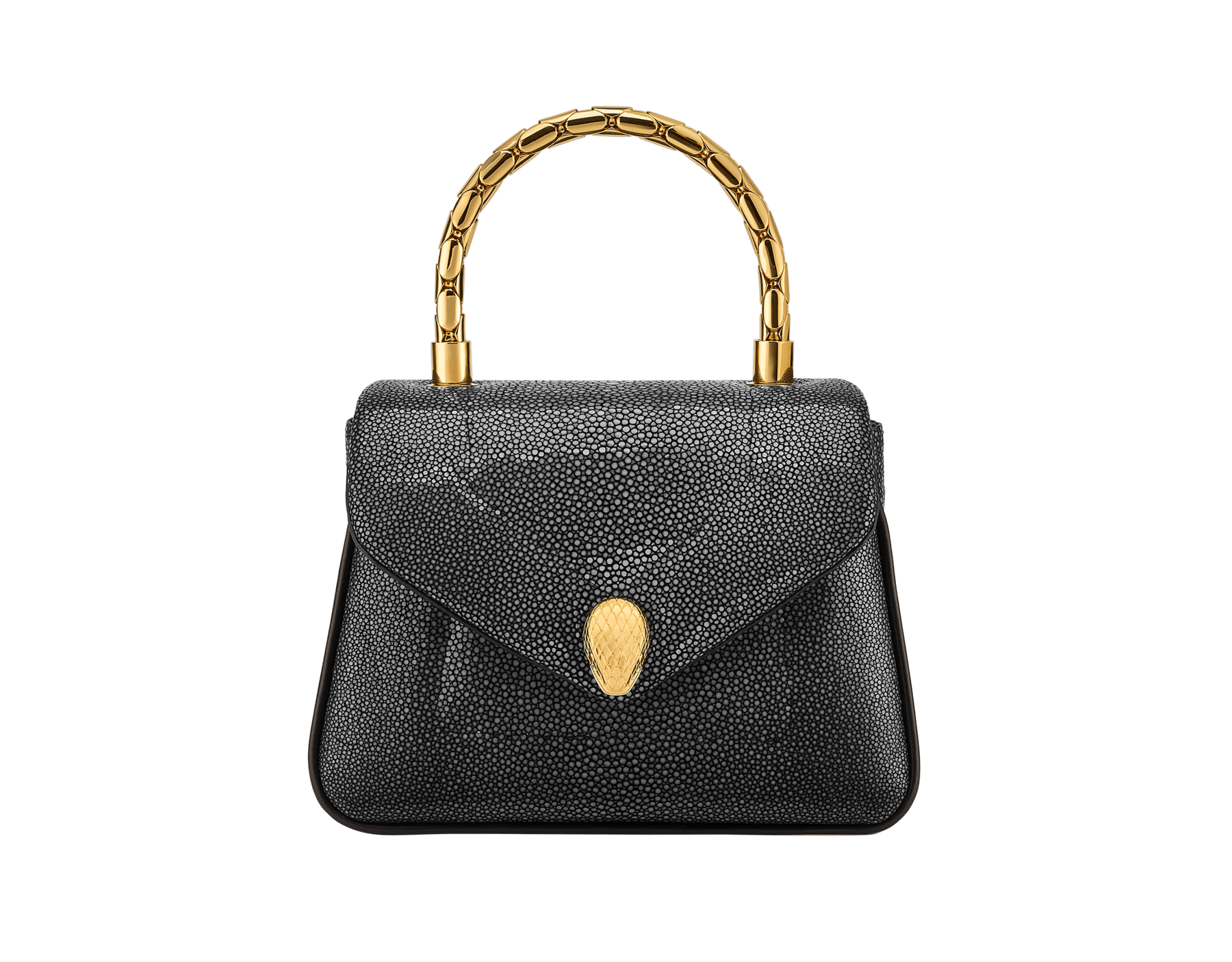 Serpenti Reverse small top handle bag in soft emerald green galuchat skin with amethyst purple nappa leather lining. Captivating magnetic snakehead closure in light gold-plated brass embellished with red enamel eyes. 1234-SG image 1
