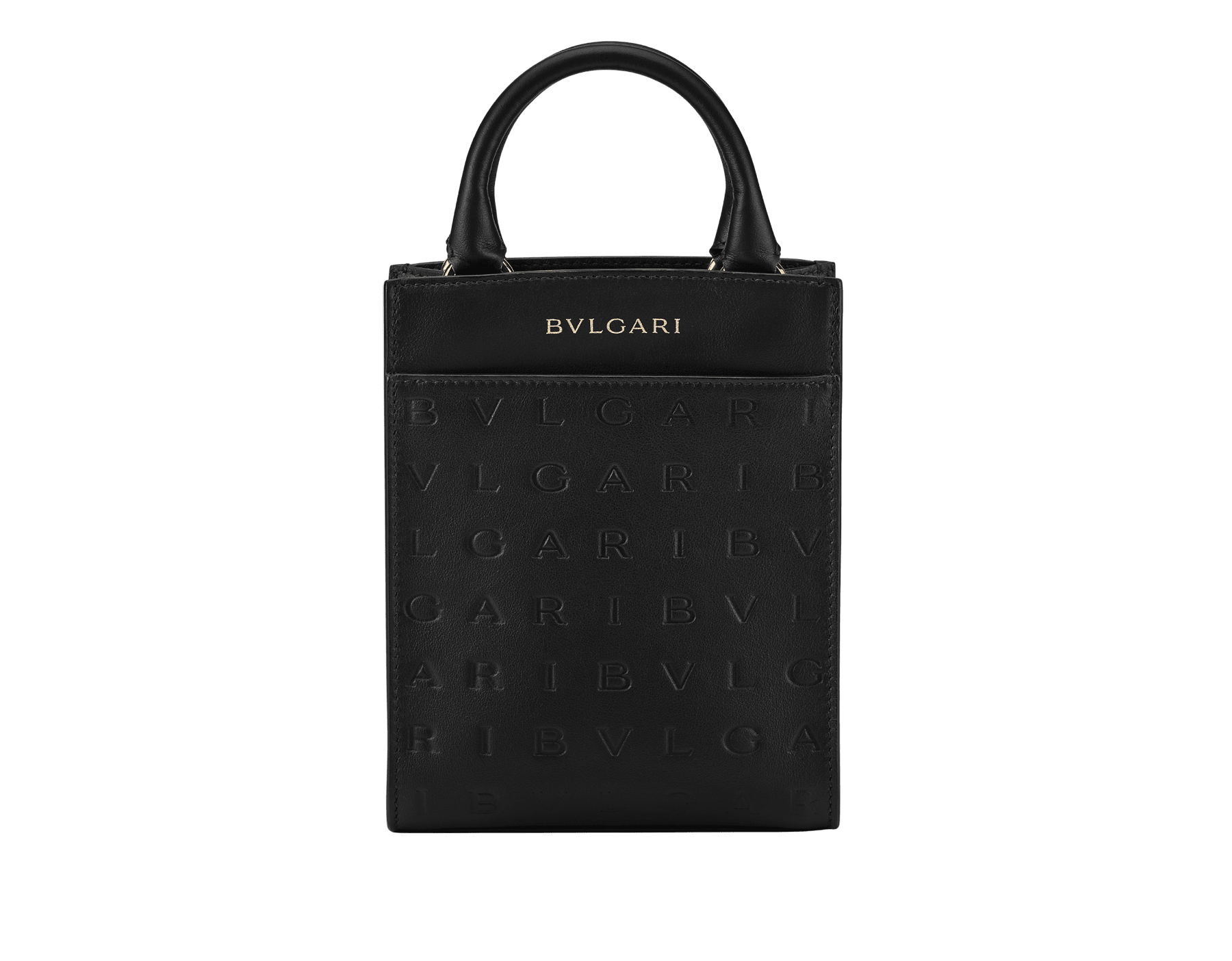 Bulgari Logo mini tote bag in black calf leather with hot-stamped Infinitum pattern and teal topaz green grosgrain lining. Light gold-plated brass hardware. BVL-1228S-ICLa image 1