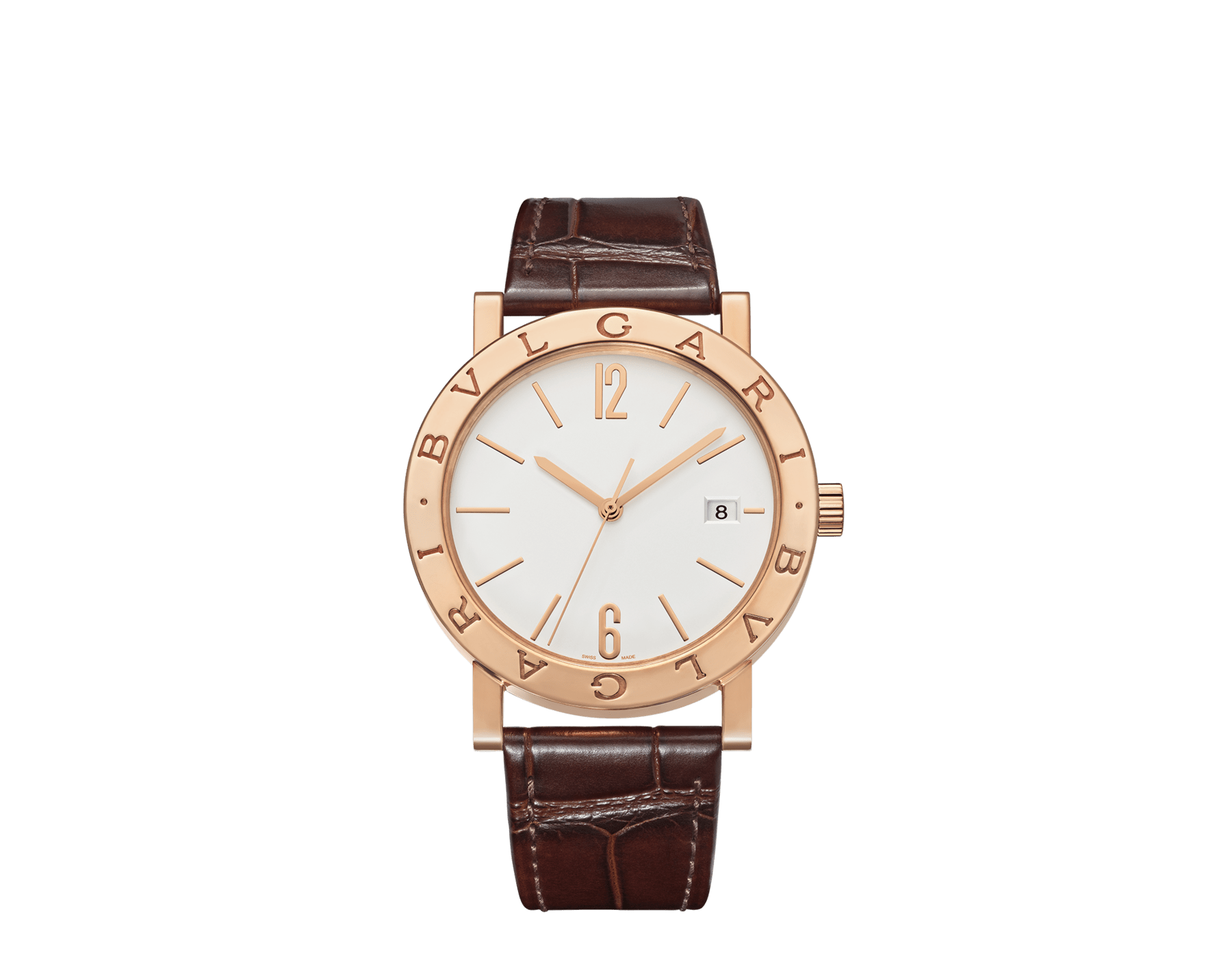 BULGARI BULGARI watch with mechanical automatic in-house movement, 18 kt rose gold case and bezel engraved with double logo, white opaline dial and brown alligator bracelet. Water resistant up to 50 meters 103968 image 1