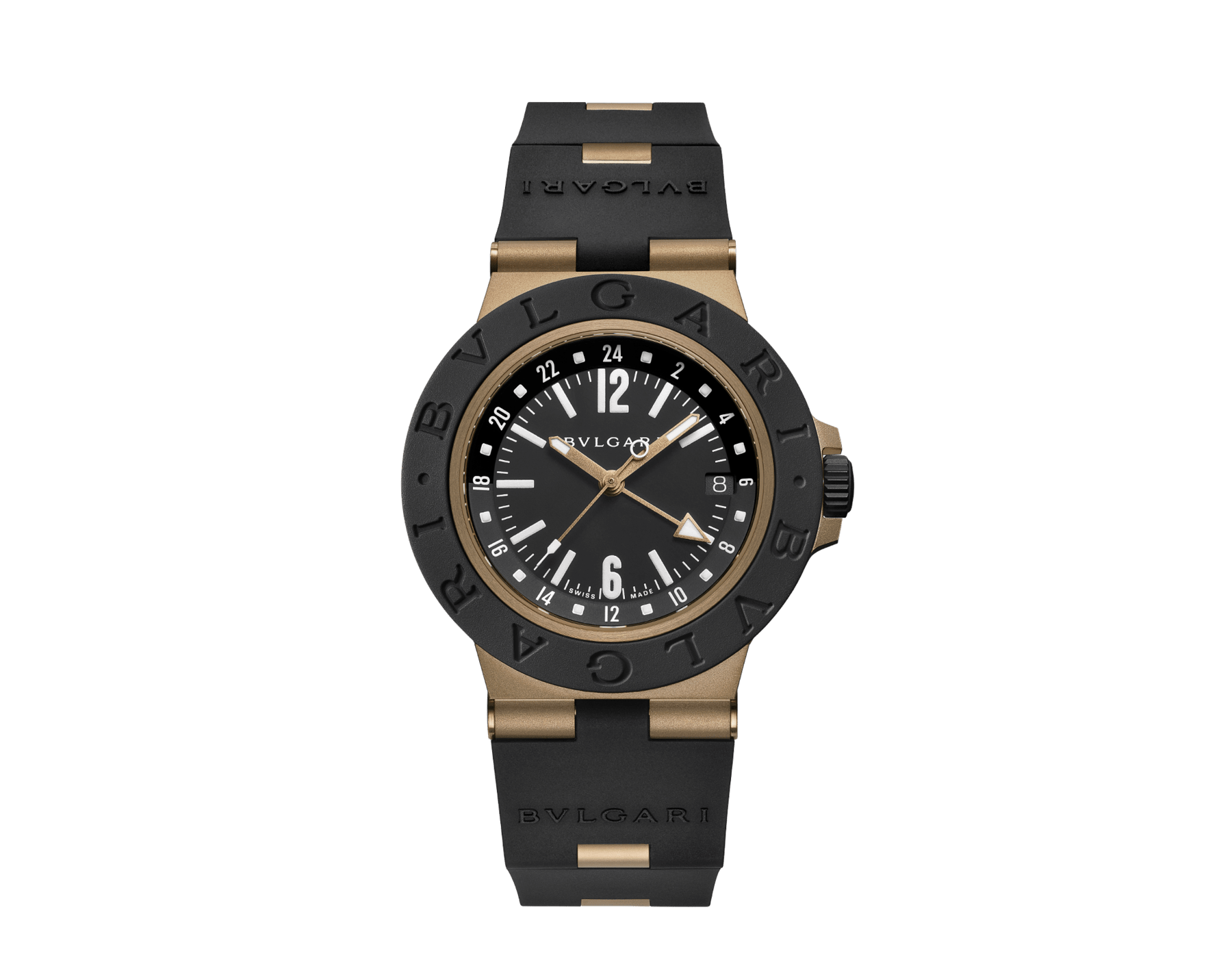 Orologio Bvlgari Bronzo GMT con movimento meccanico a carica automatica, funzione GMT 24 ore, cassa di 40 mm in bronzo sabbiato, lunetta e cinturino in caucciù nero e quadrante verniciato opaco nero. Impermeabile fino a 100 metri. 104241 image 1